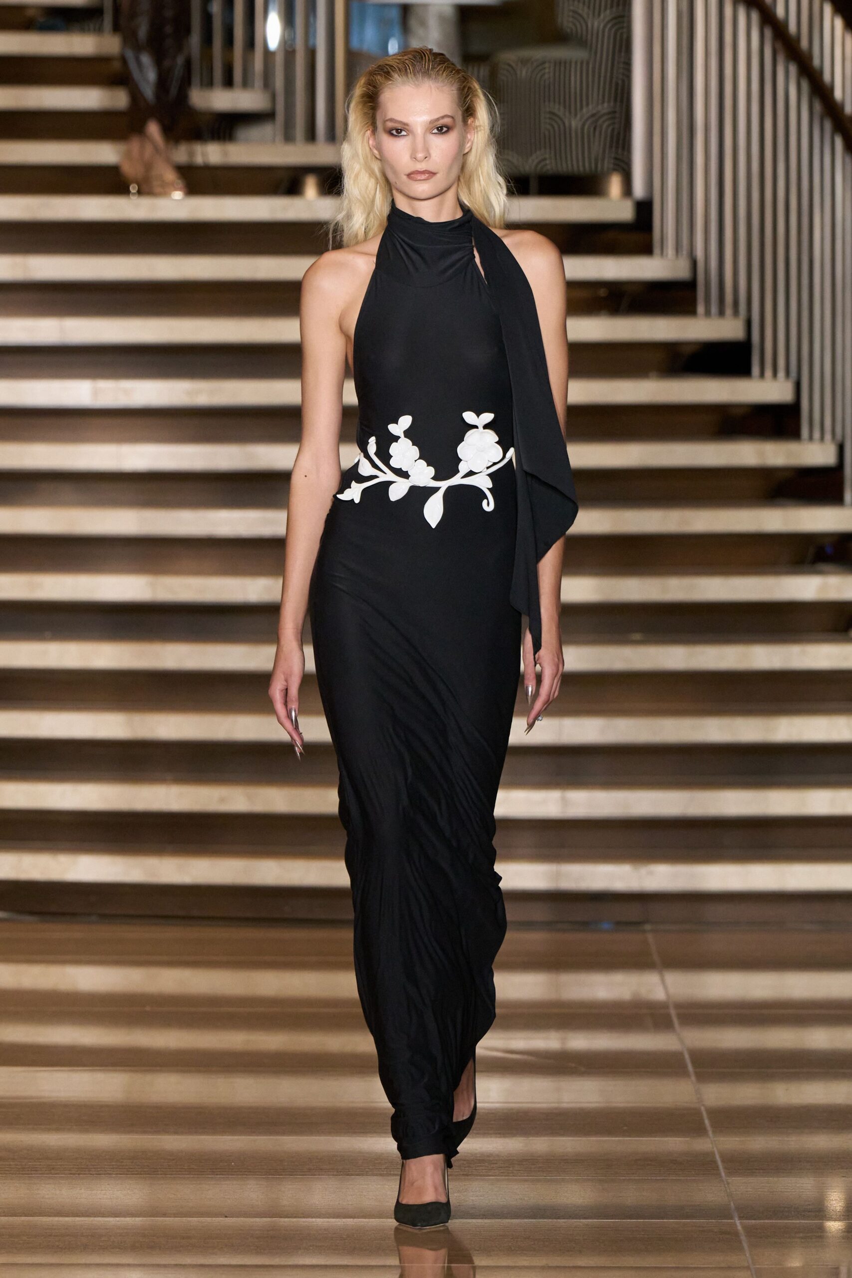 black jersey sleeveless high-neck fitted draped maxi gown