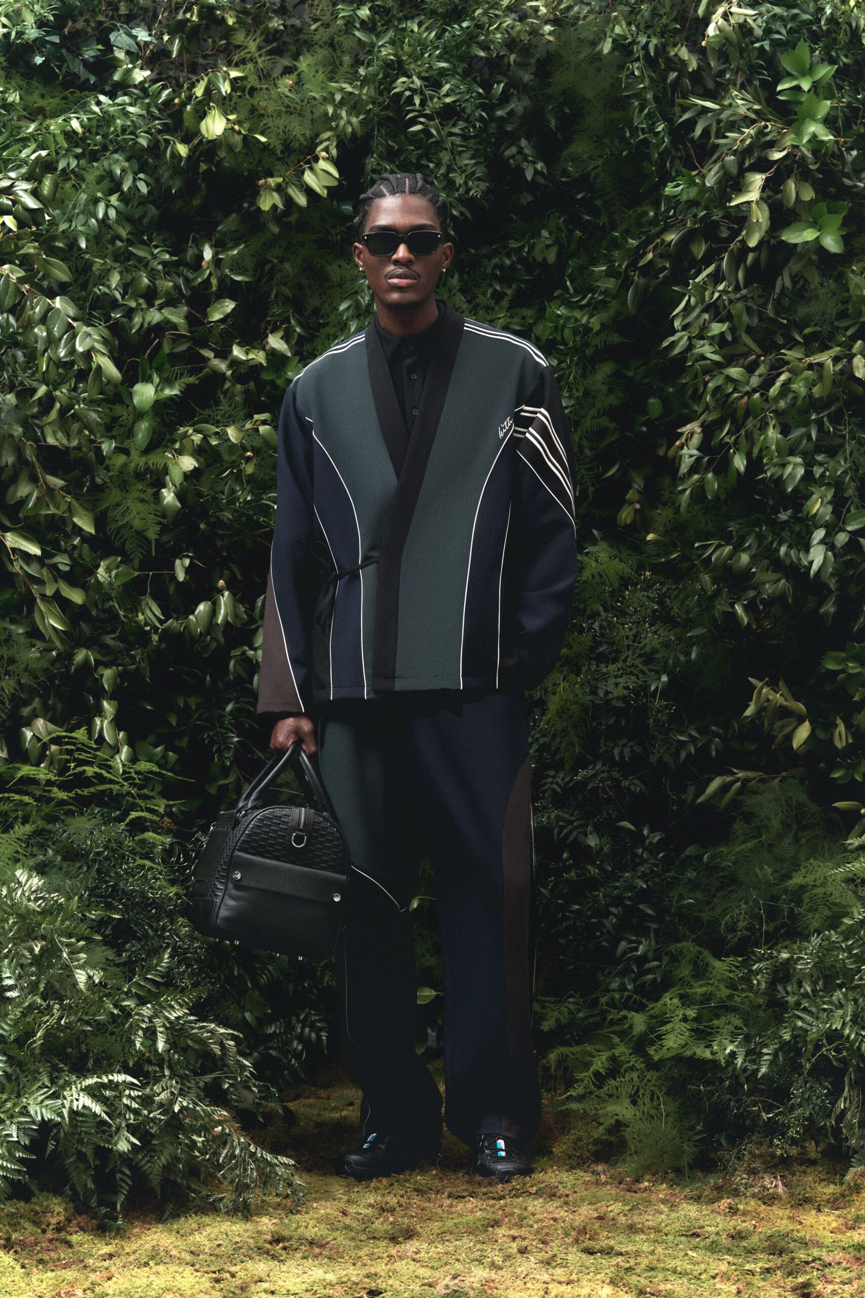 relaxed green jacket with navy pants
