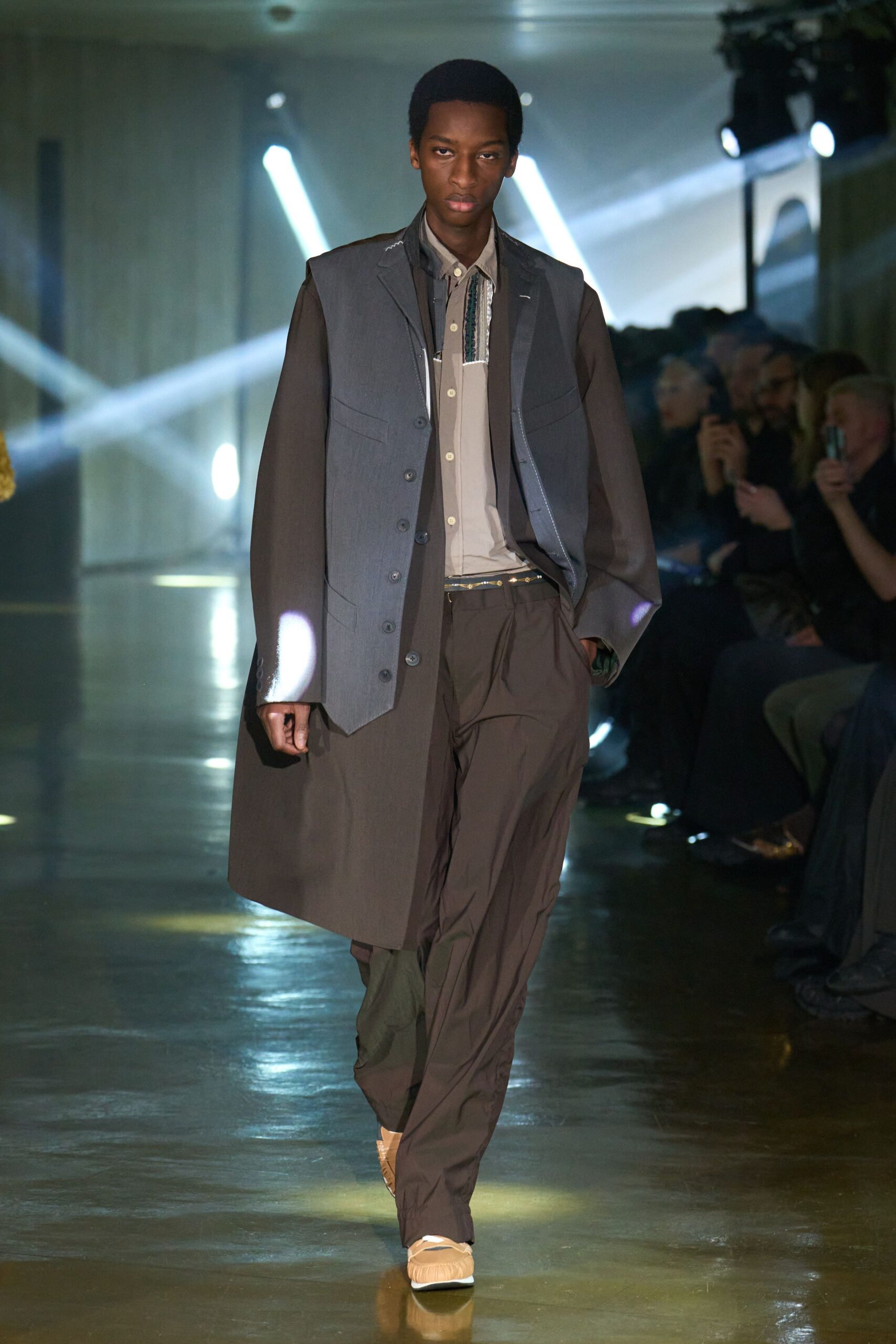 gray coat beige shirt brown pants