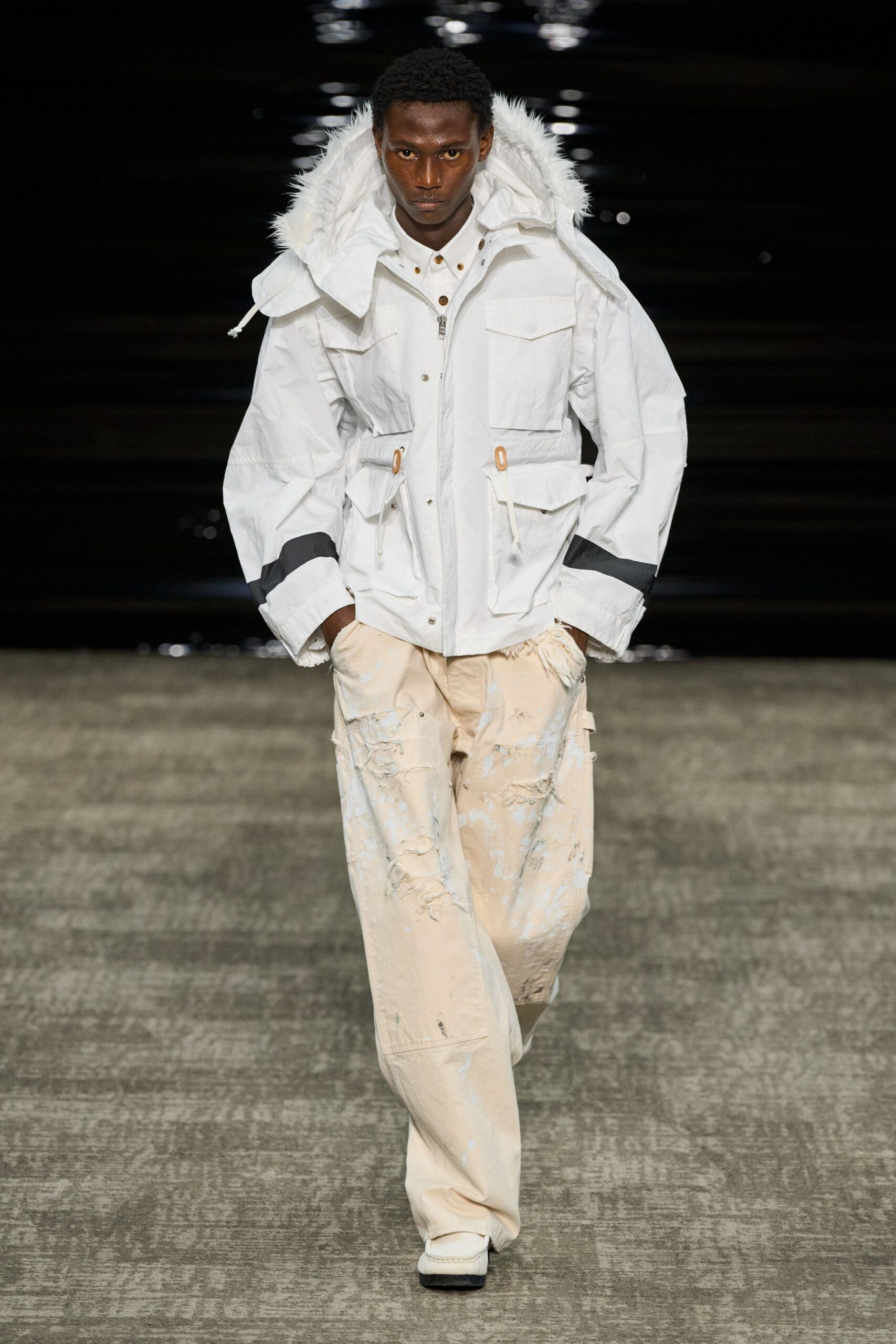 white relaxed jacket beige pants