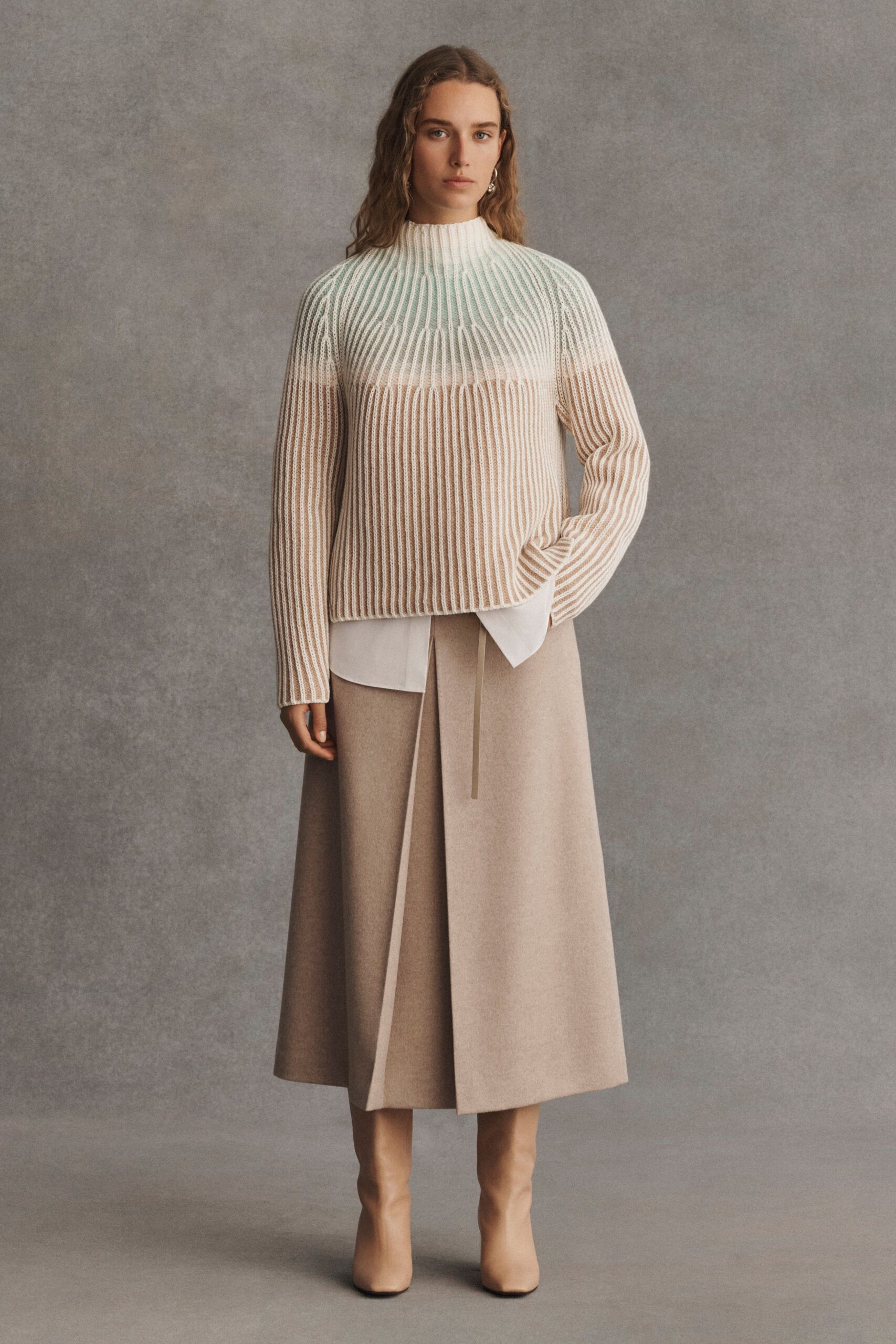 beige wool asymmetric relaxed pleated midi skirt