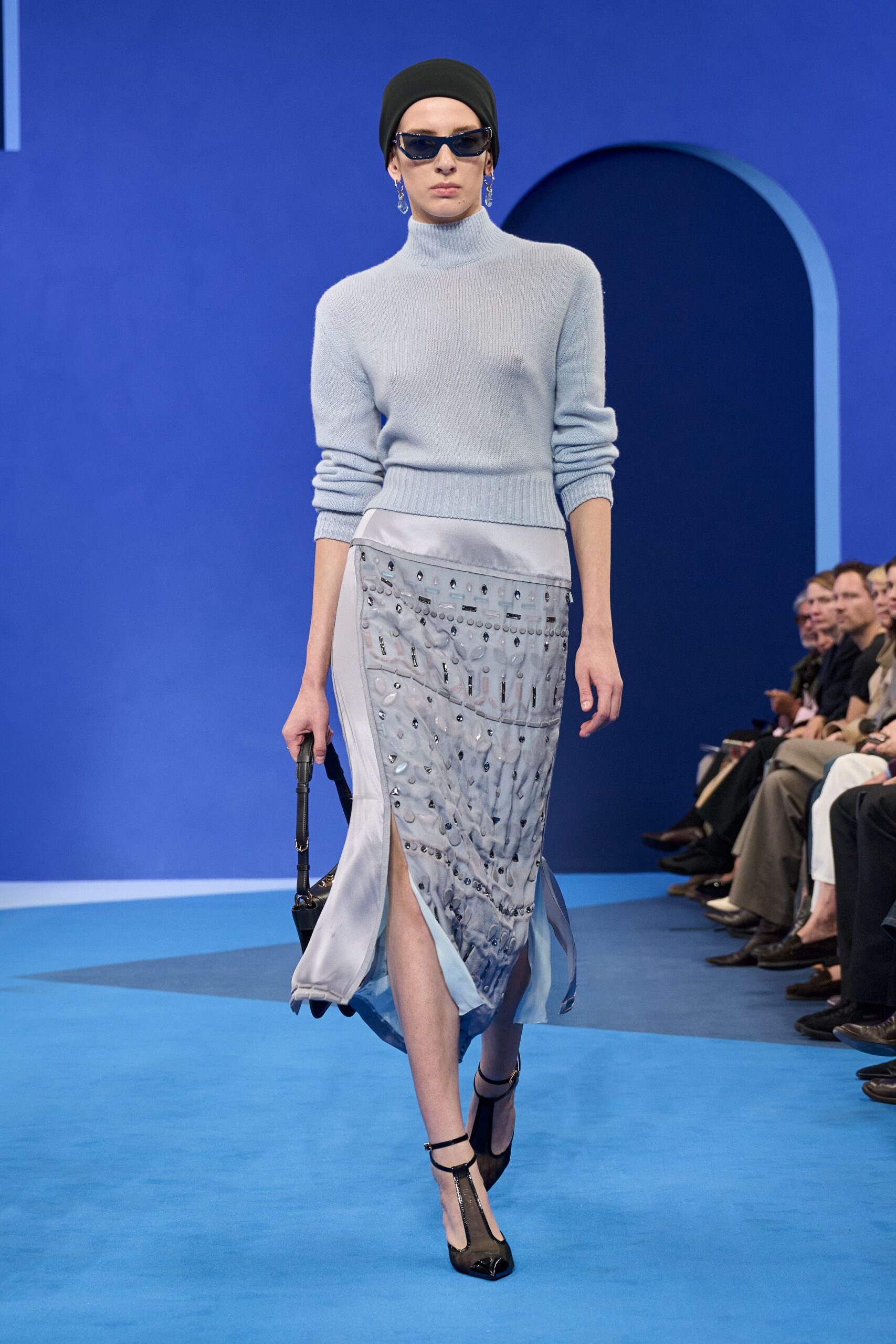 gray silk slit fitted pleated flowing skirt