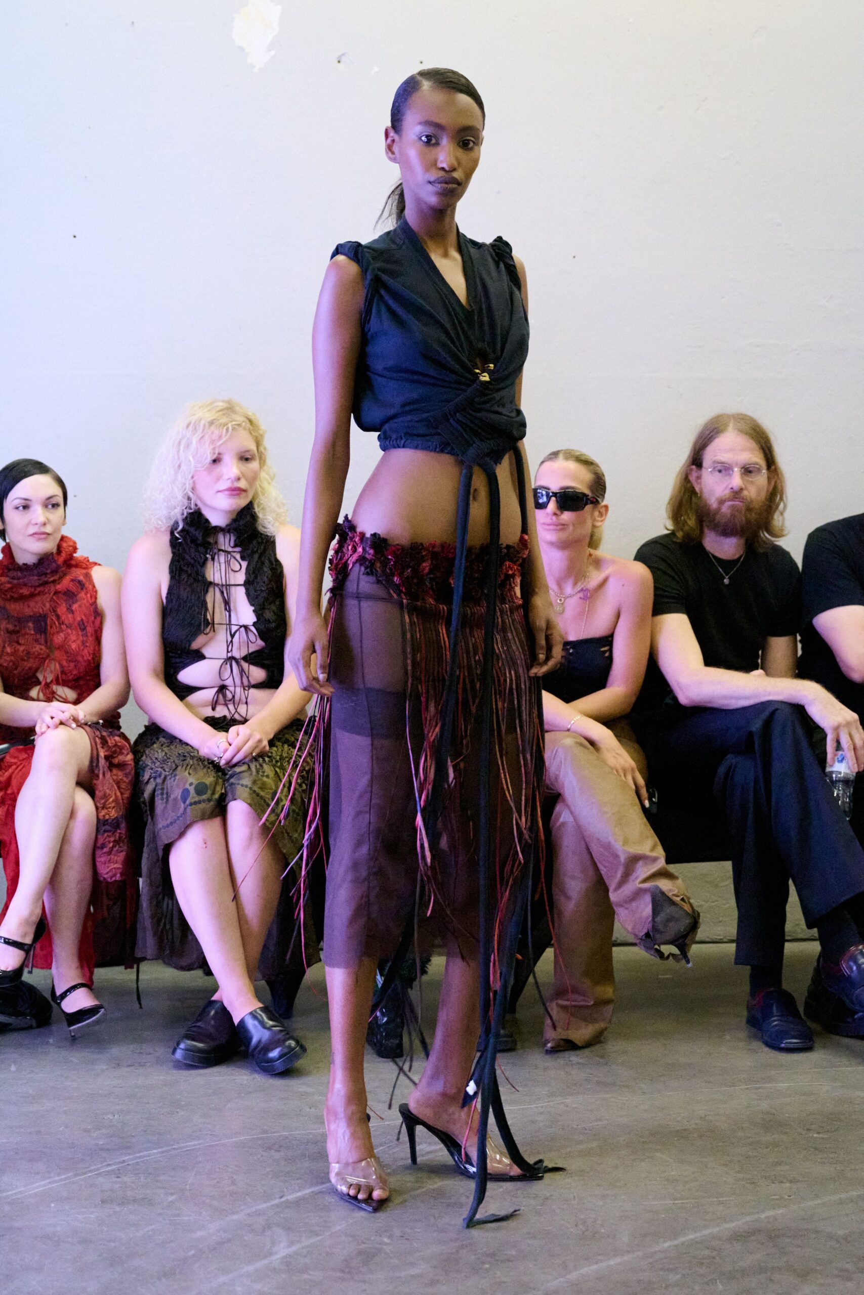 brown silk fitted high-waisted fringed midi skirt