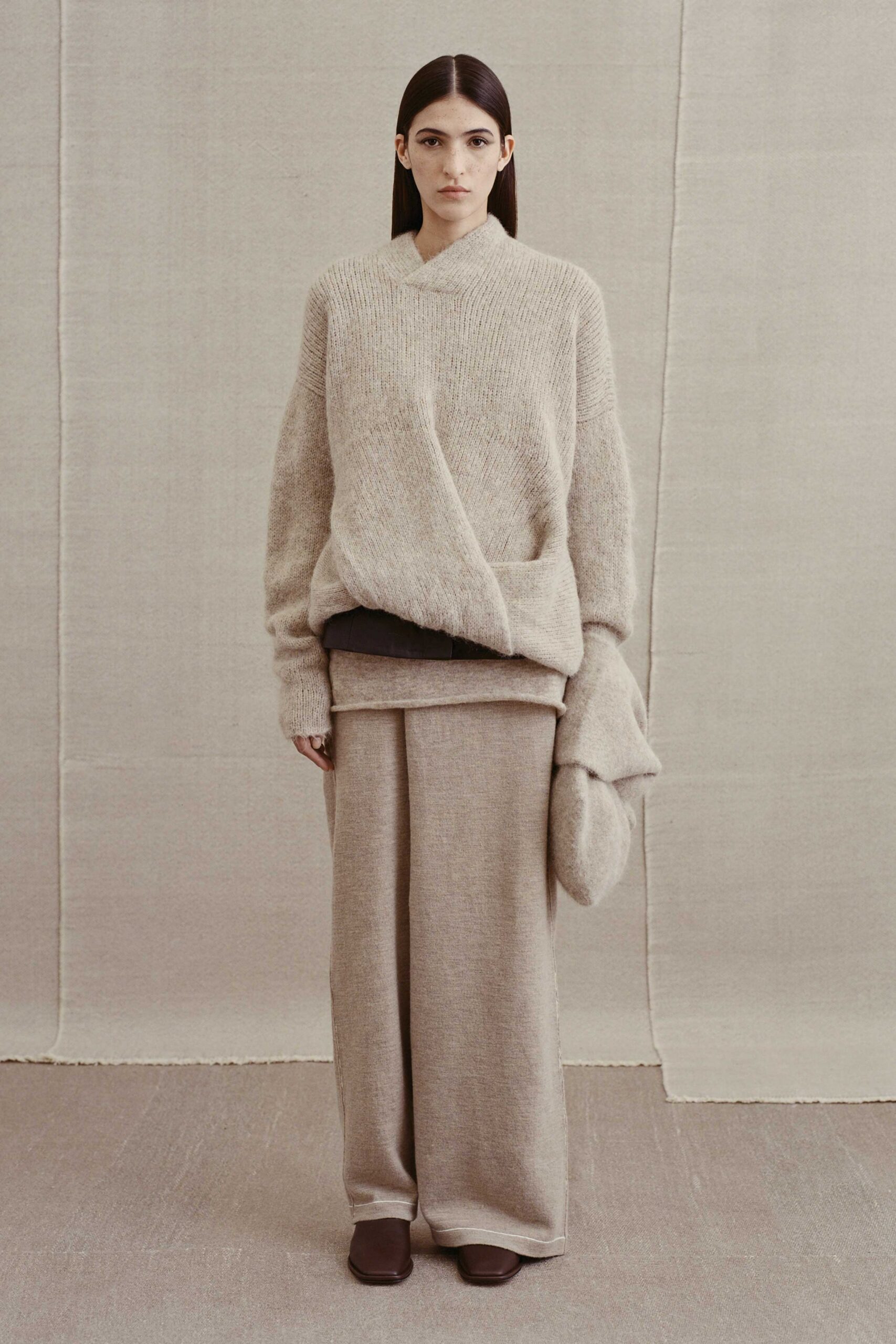 beige wool long-sleeve v-neck oversized draped sweater