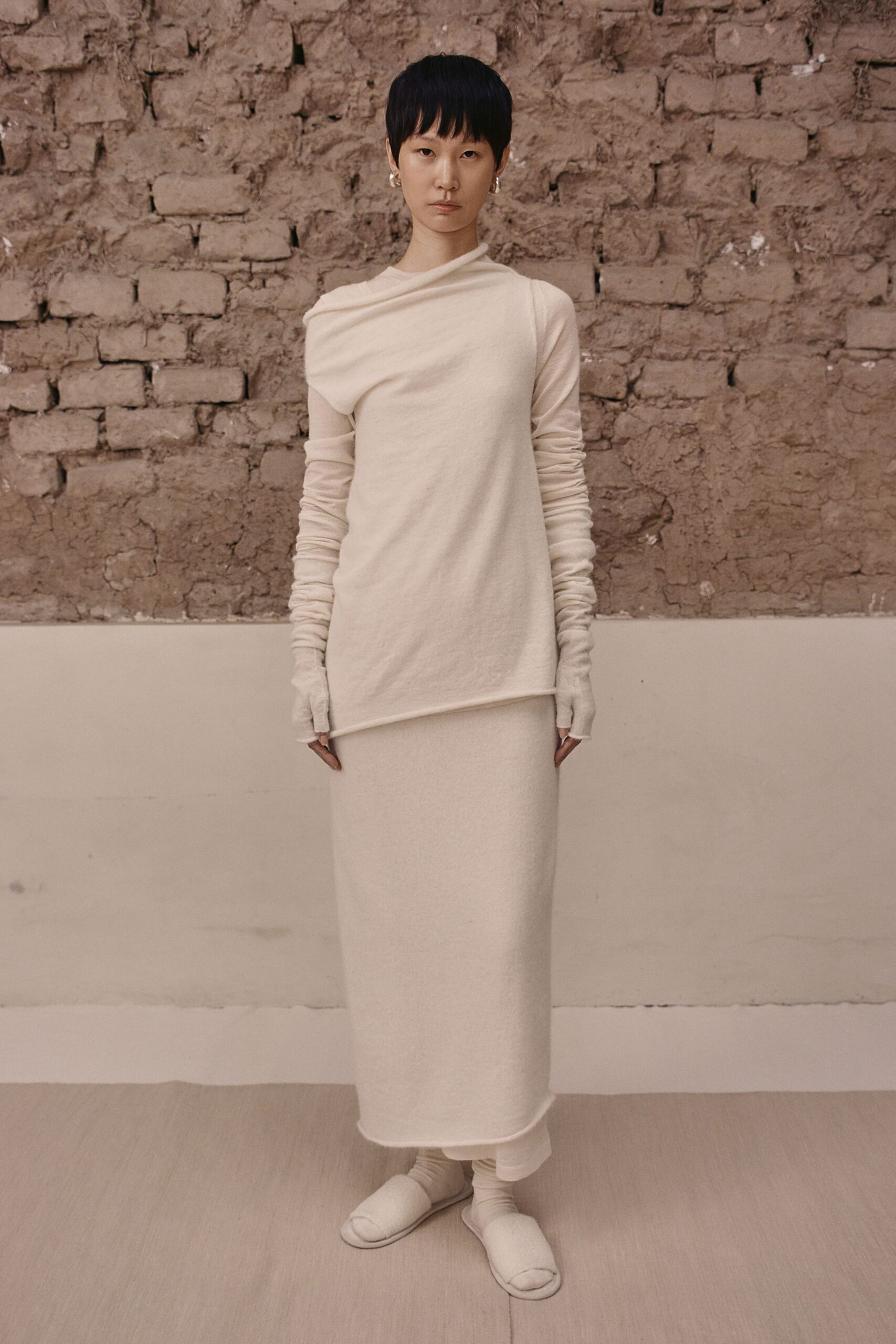 white cotton long-sleeve high-neck fitted maxi dress