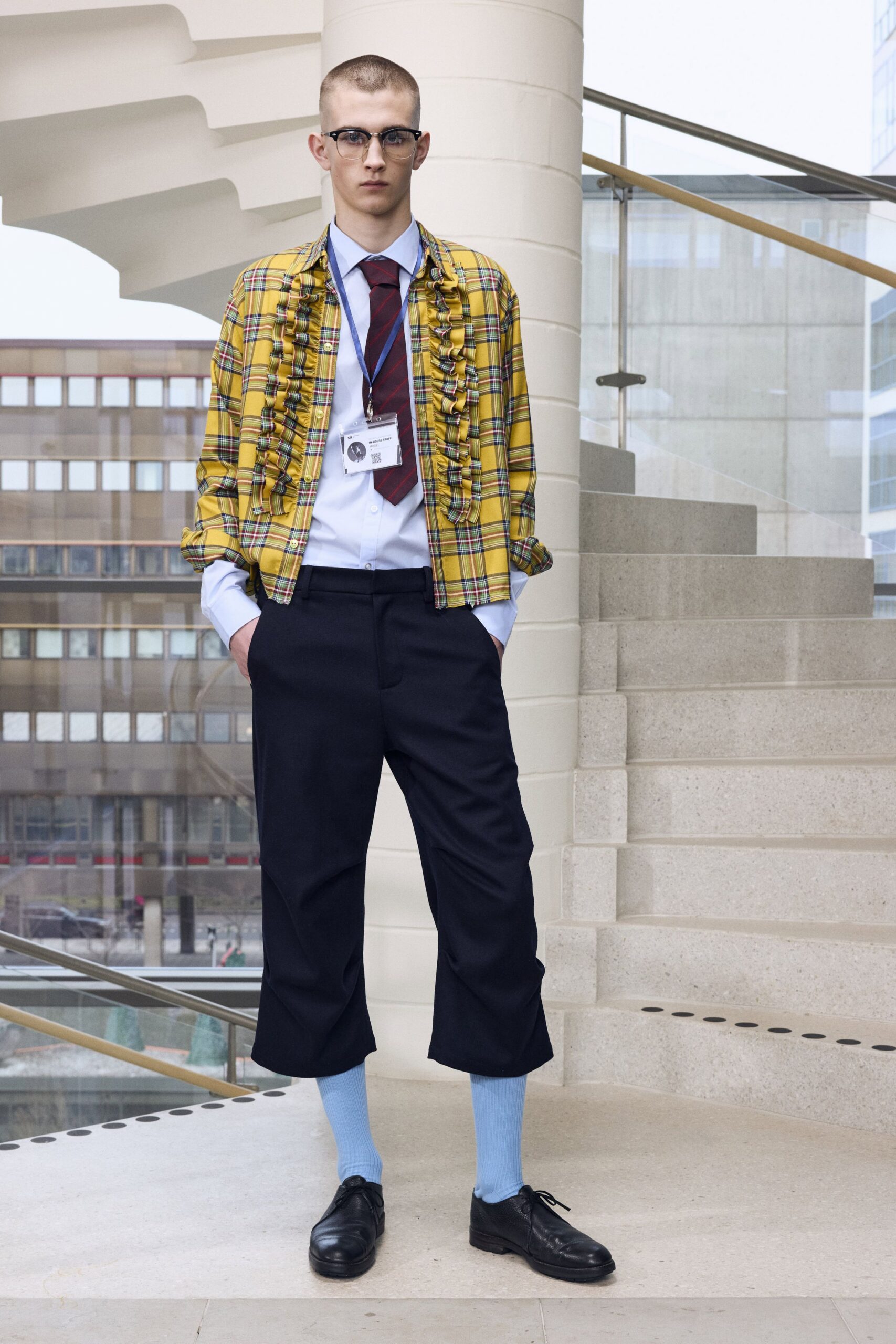 yellow cotton long-sleeve relaxed checked ruffled jacket