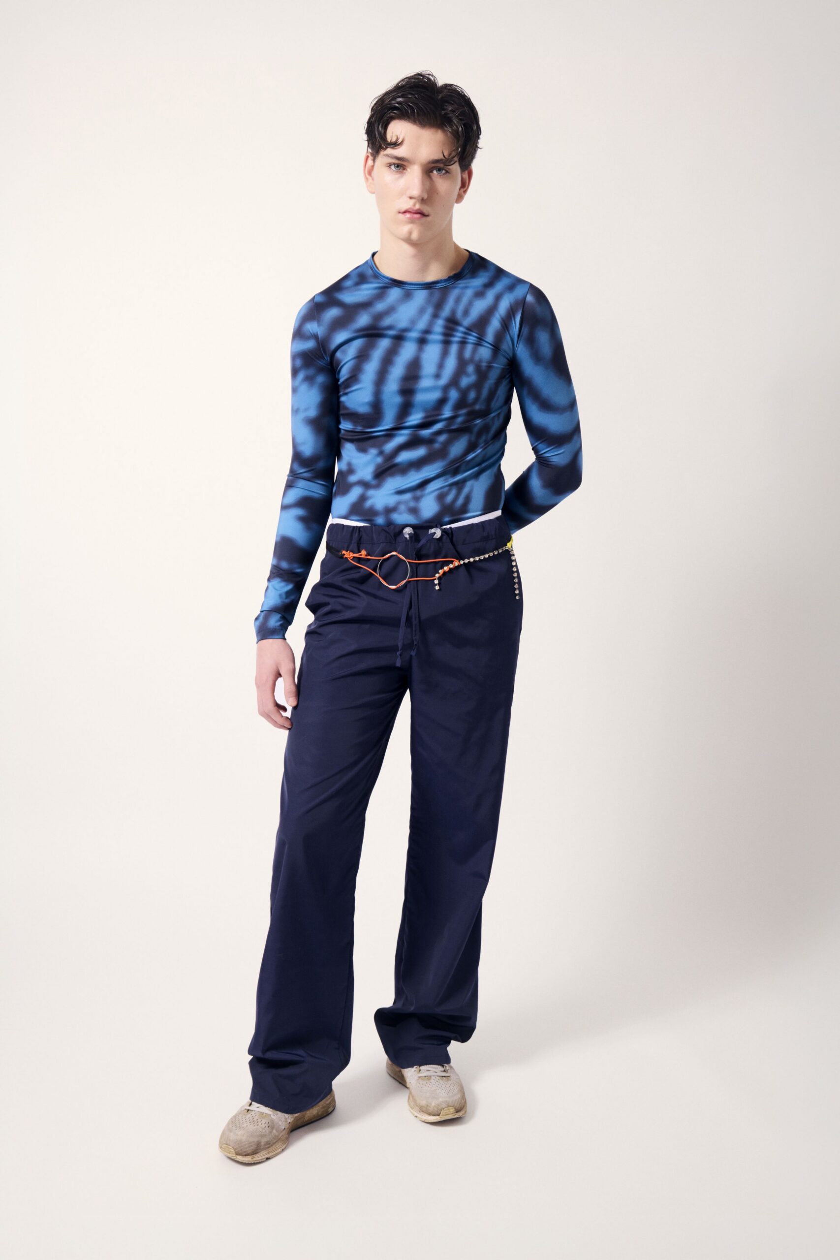 blue printed long-sleeve top with navy pants