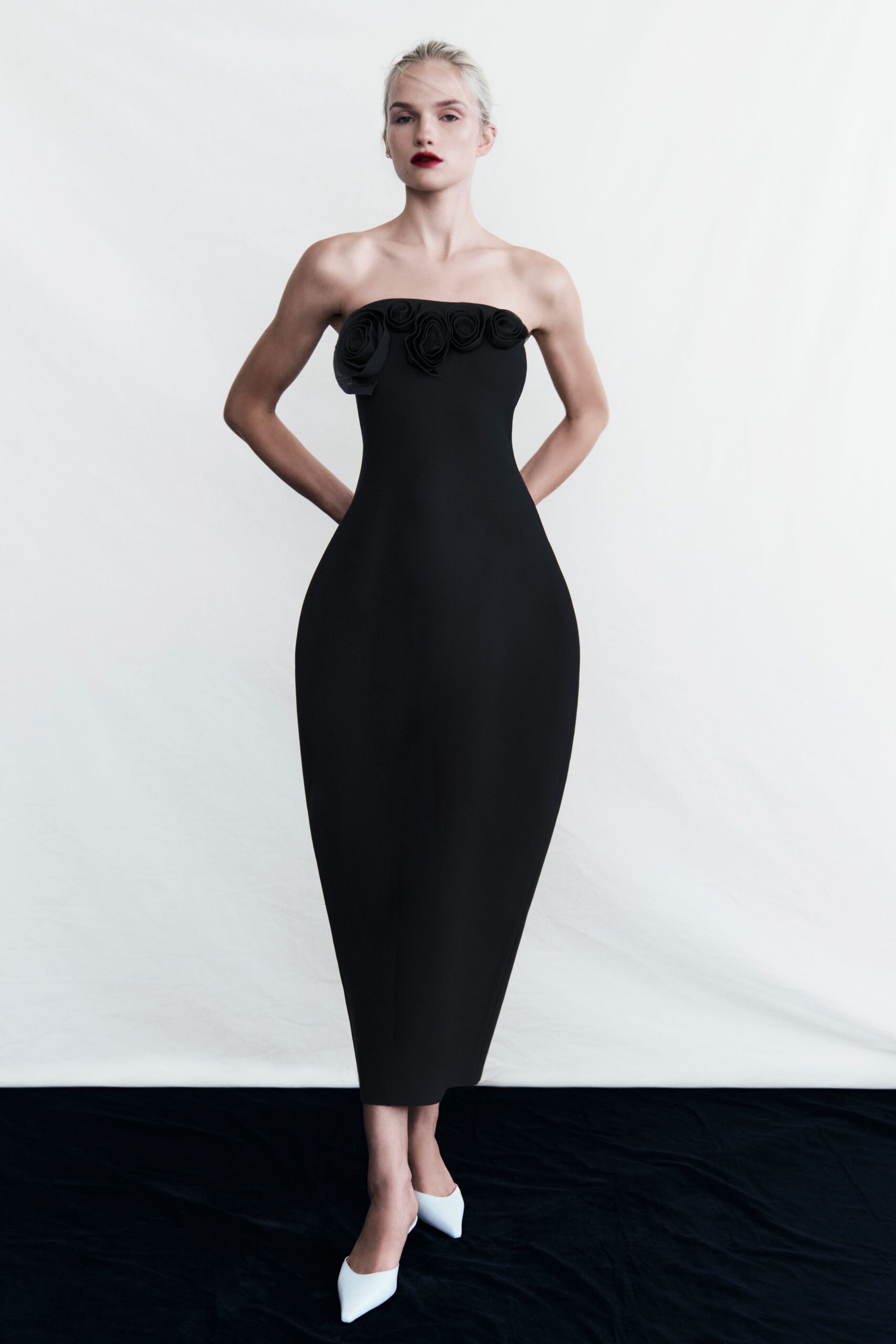 black silk strapless fitted embellished midi gown
