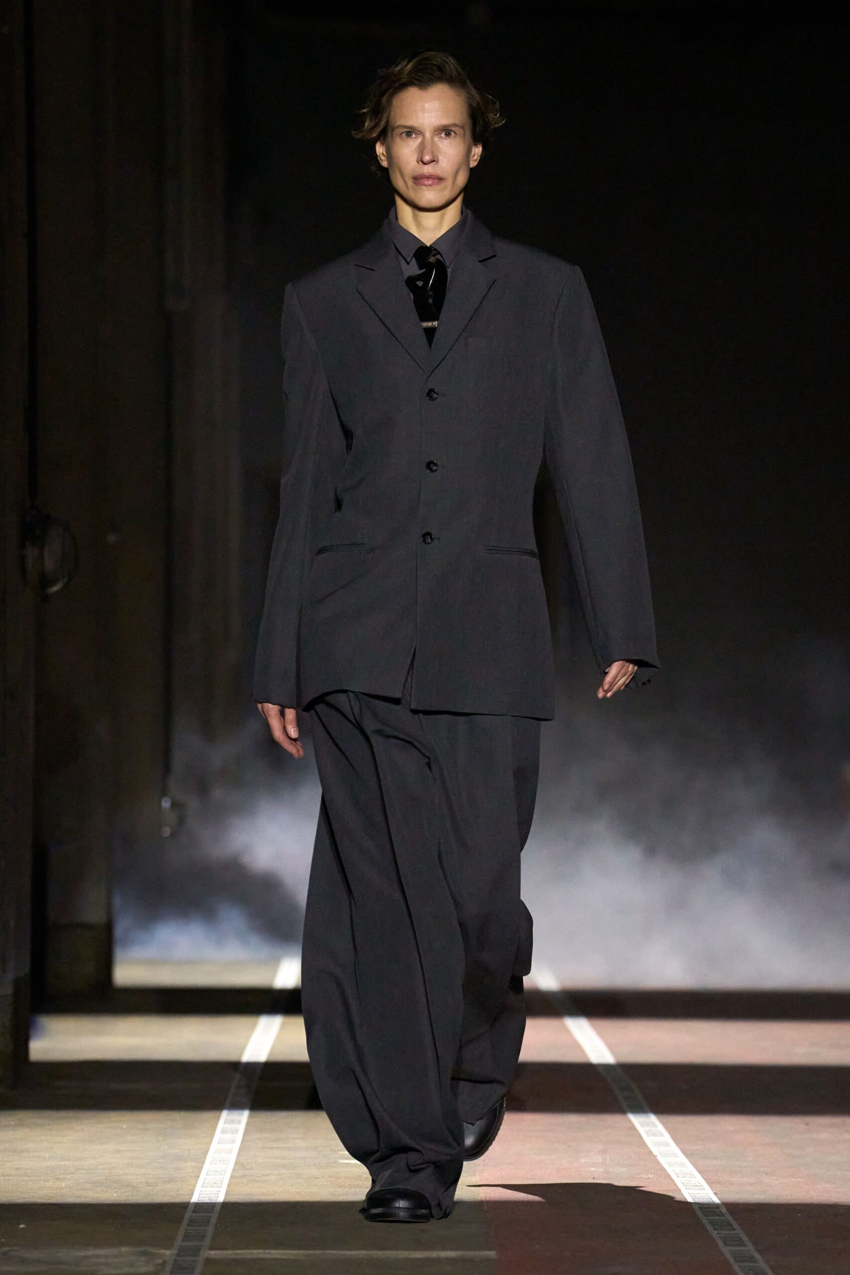 black wool long-sleeve collared oversized buttoned suit