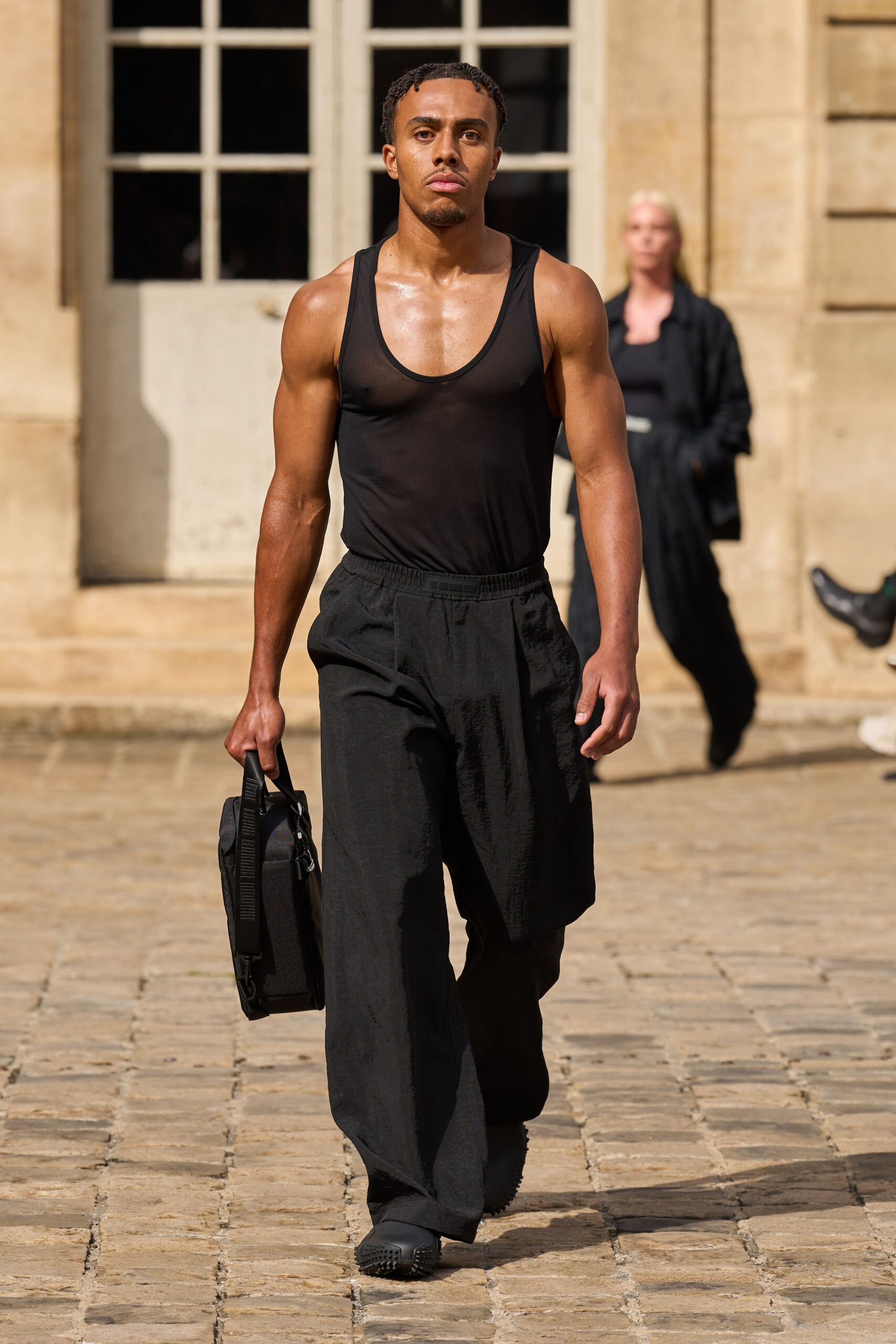 black cotton sleeveless fitted sheer tank-top