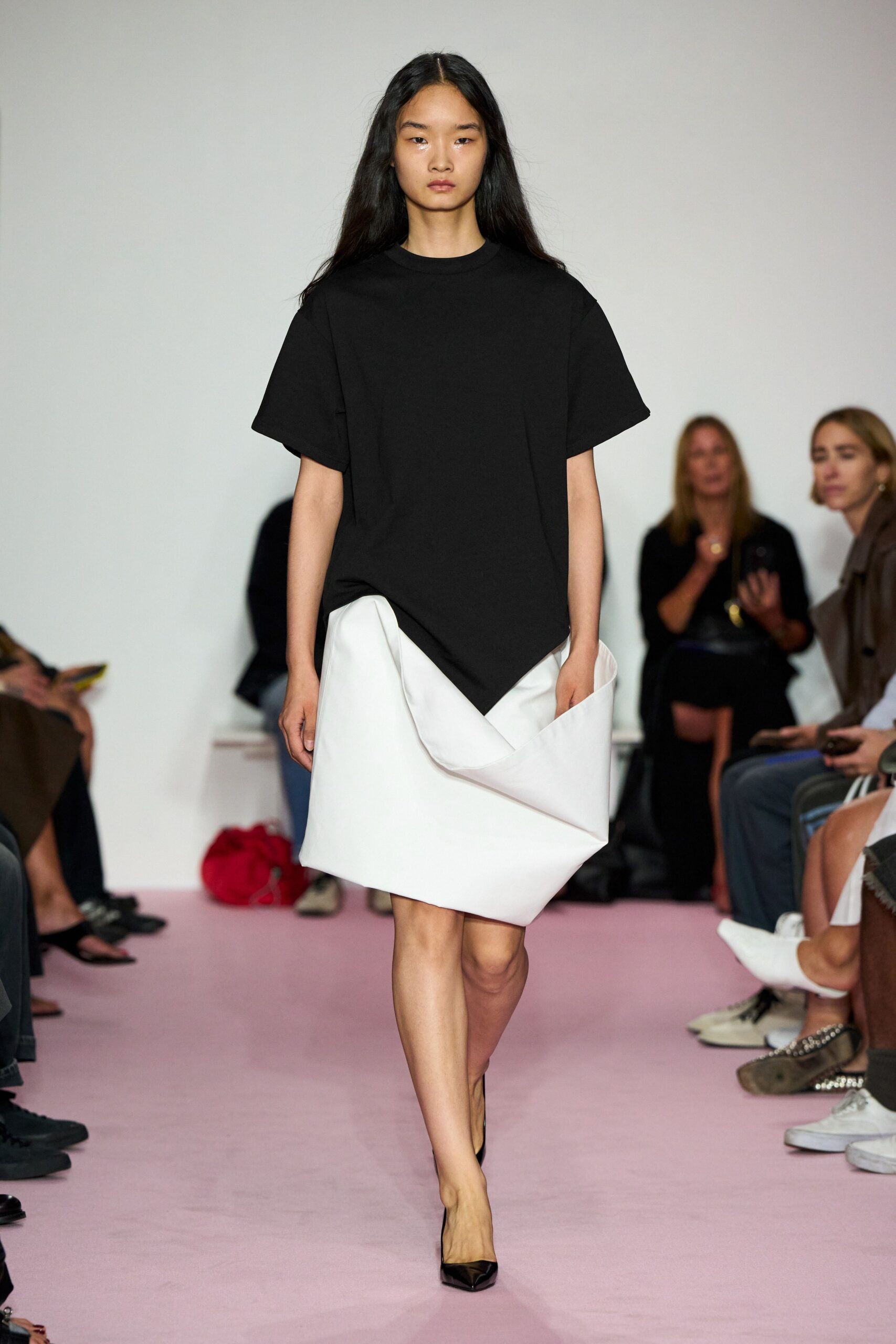 white cotton asymmetric fitted pleated skirt