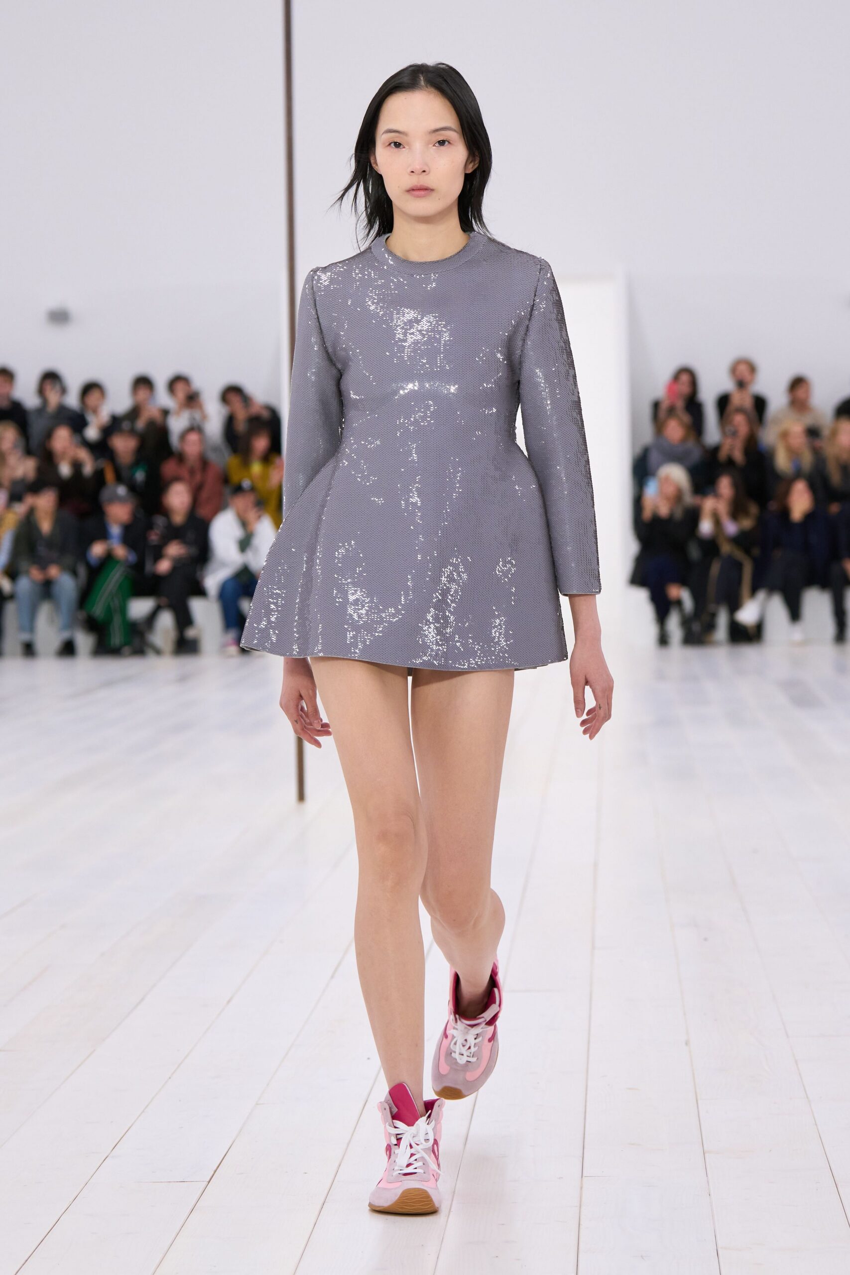 gray sequin long-sleeve collared fitted flared shiny dress