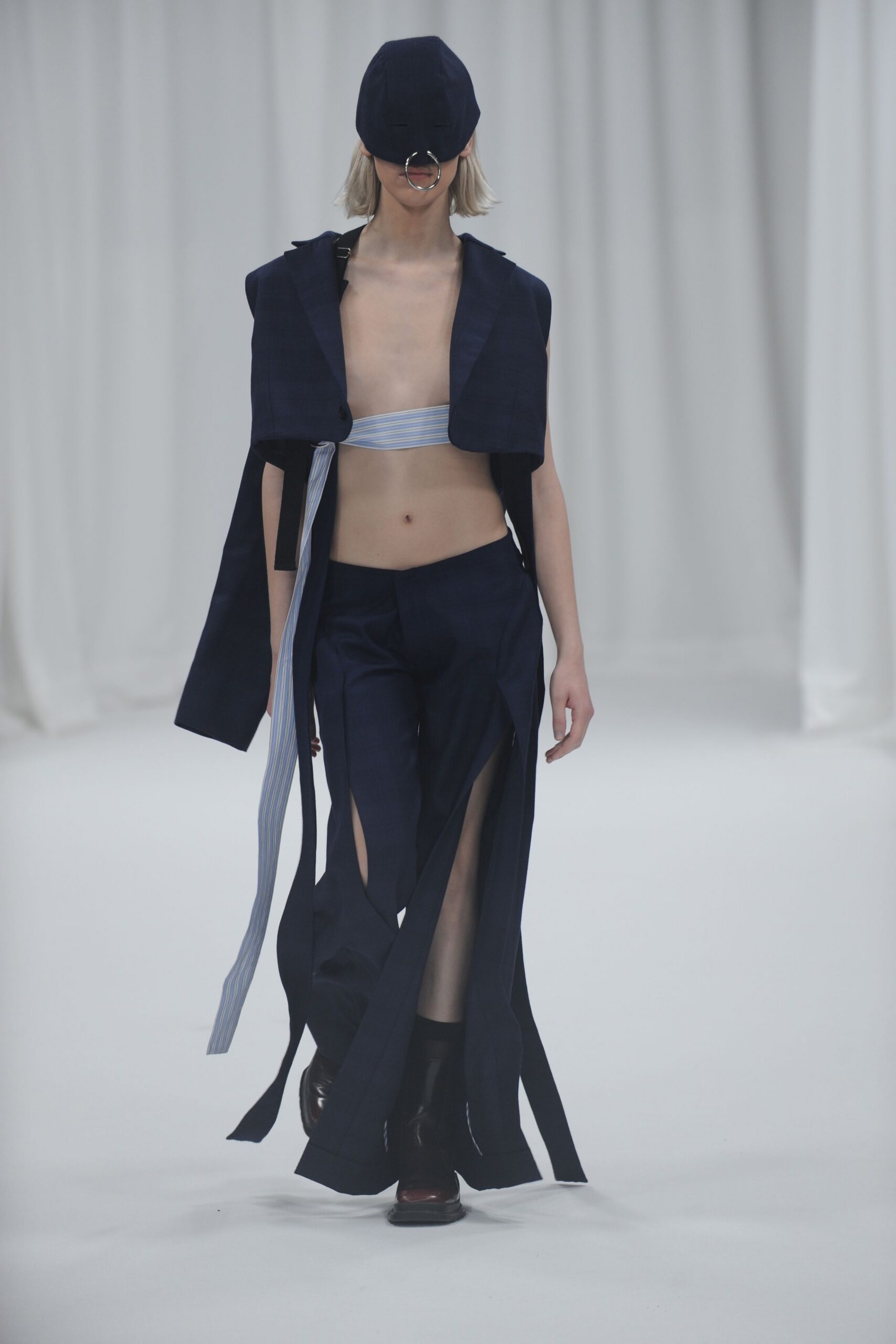 blue cotton slit fitted high-waisted wide-leg pants