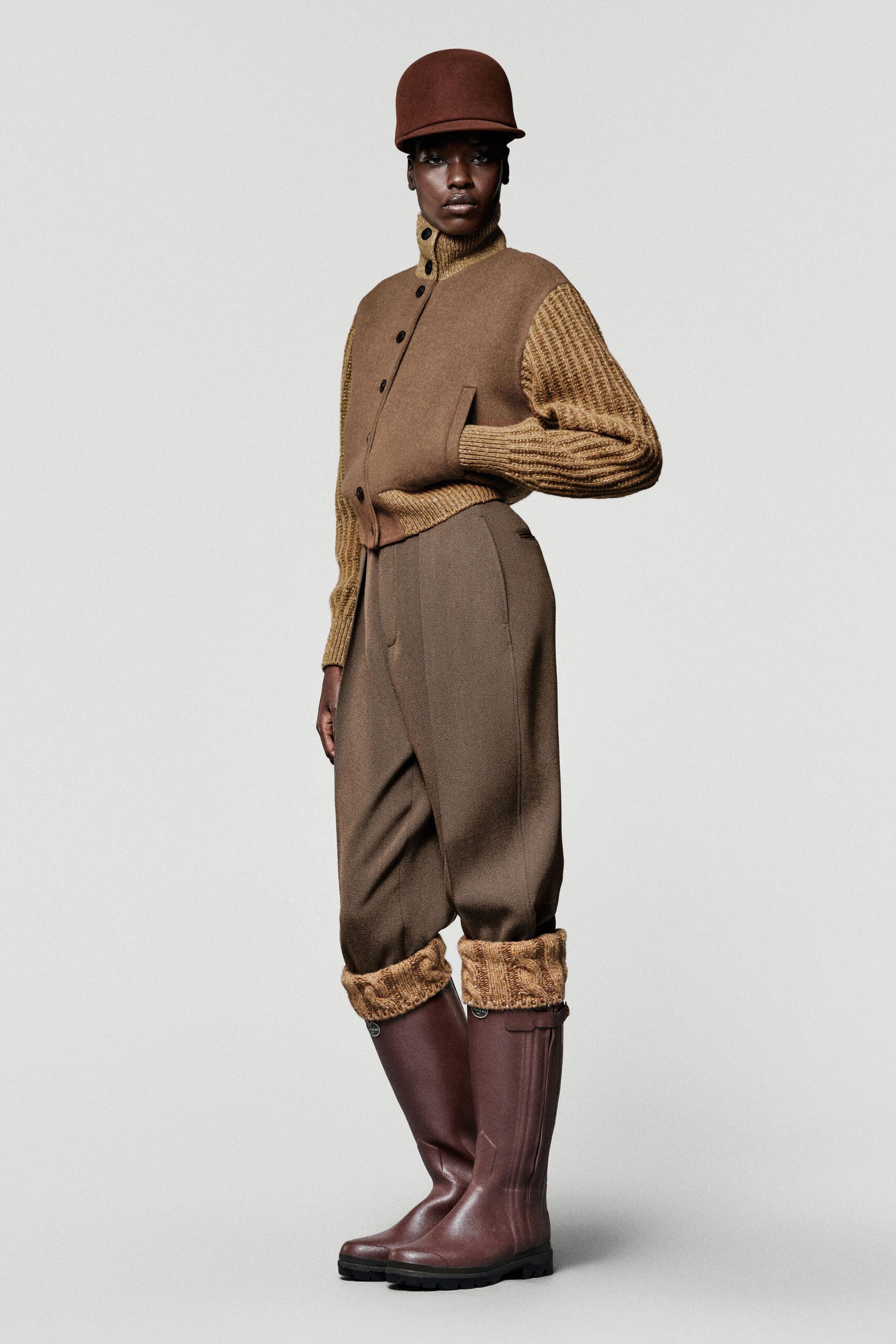 brown wool long-sleeve collared fitted buttoned vest