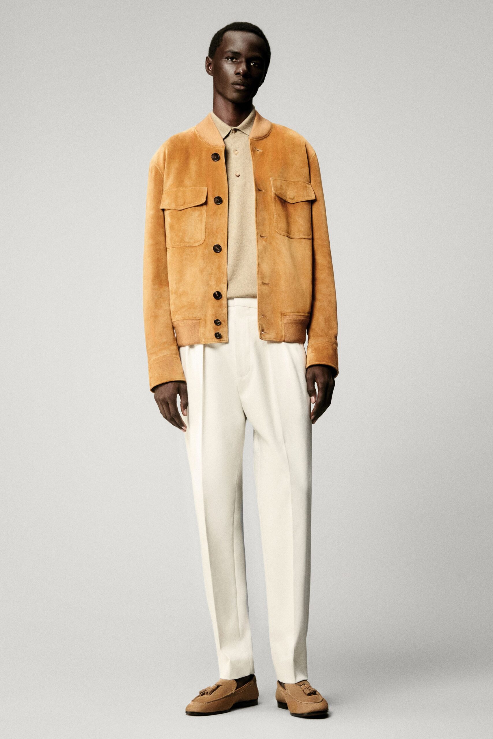 brown suede long-sleeve collared relaxed buttoned pockets jacket