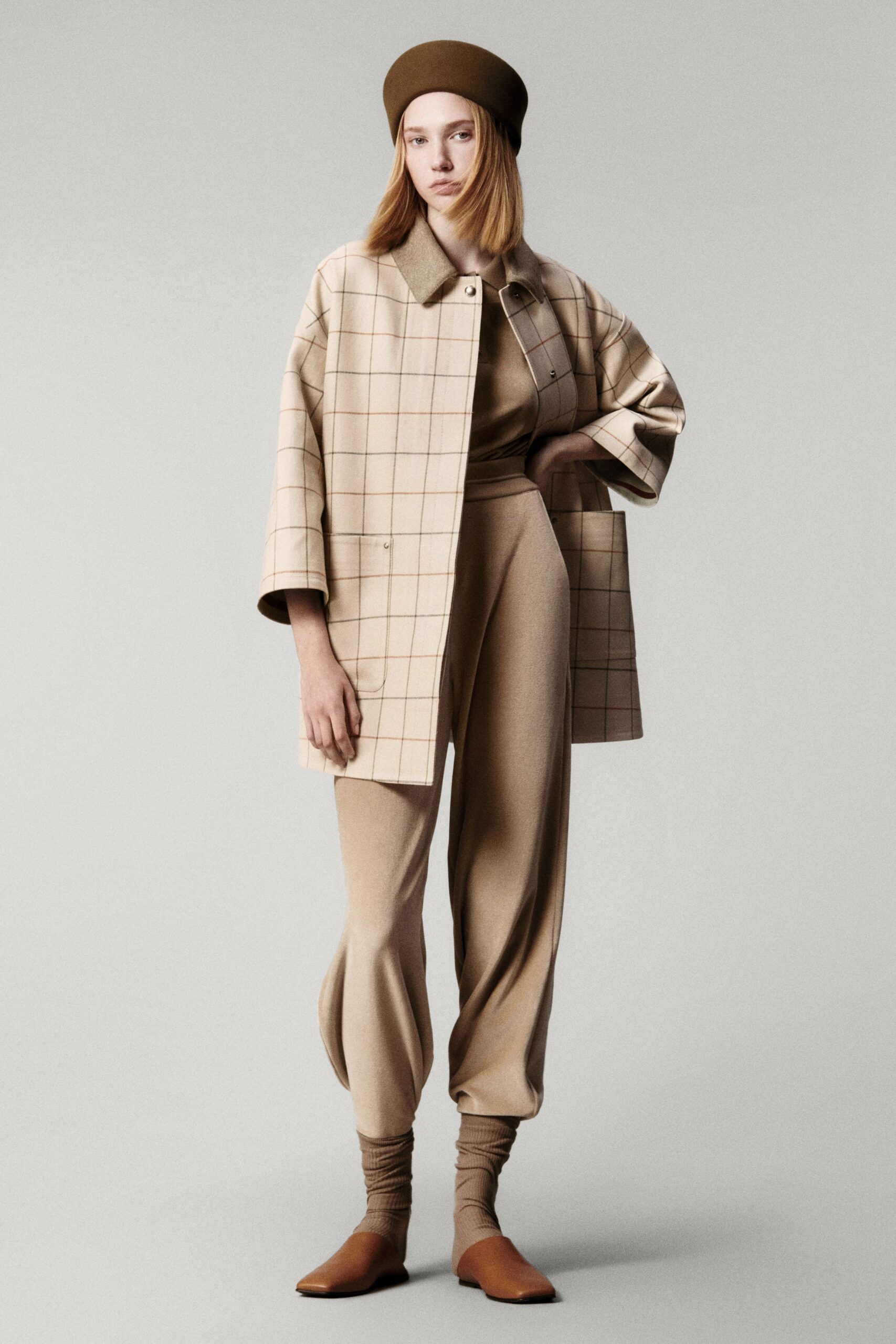 beige cotton long-sleeve collared relaxed checked coat