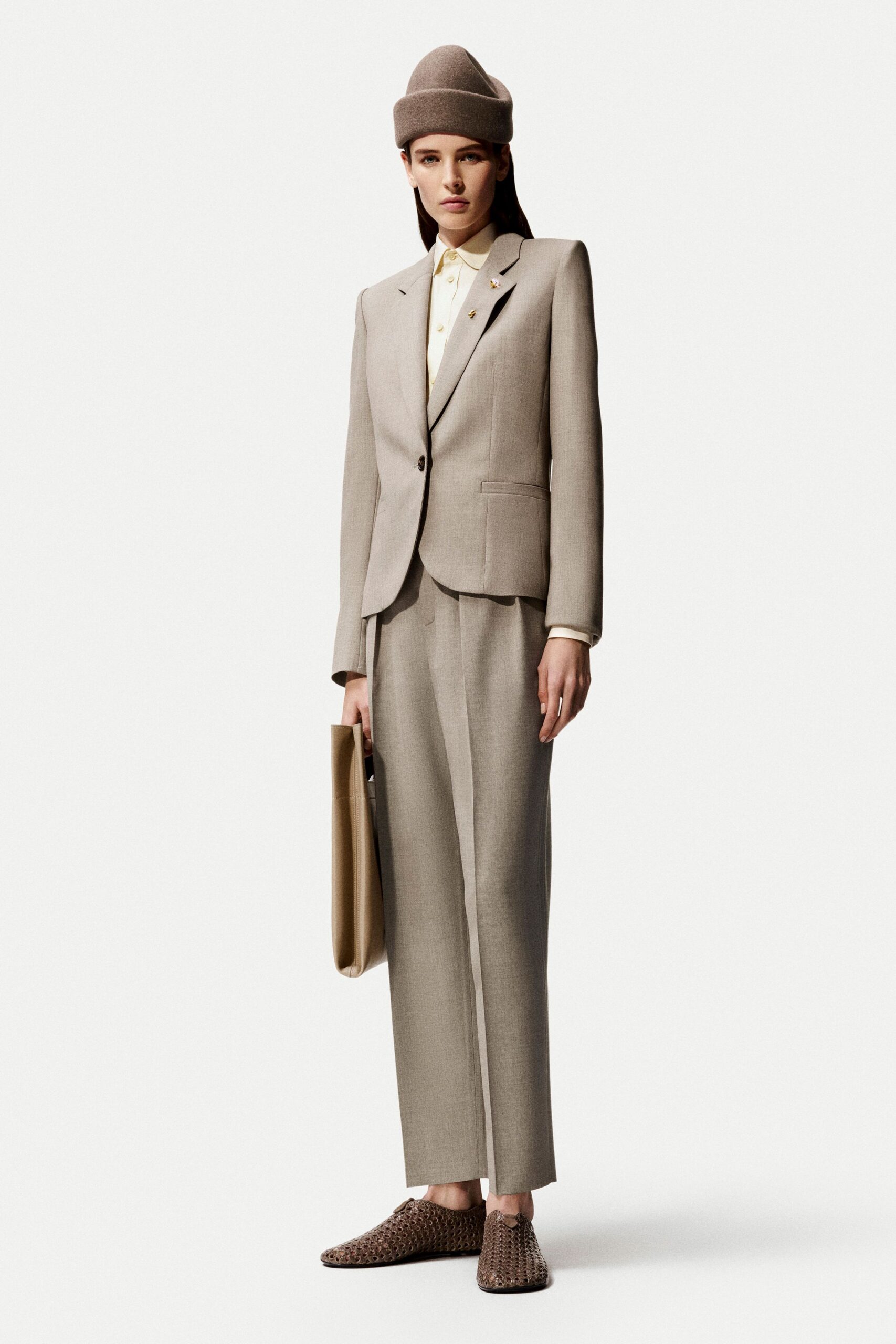 beige tailored blazer and pants