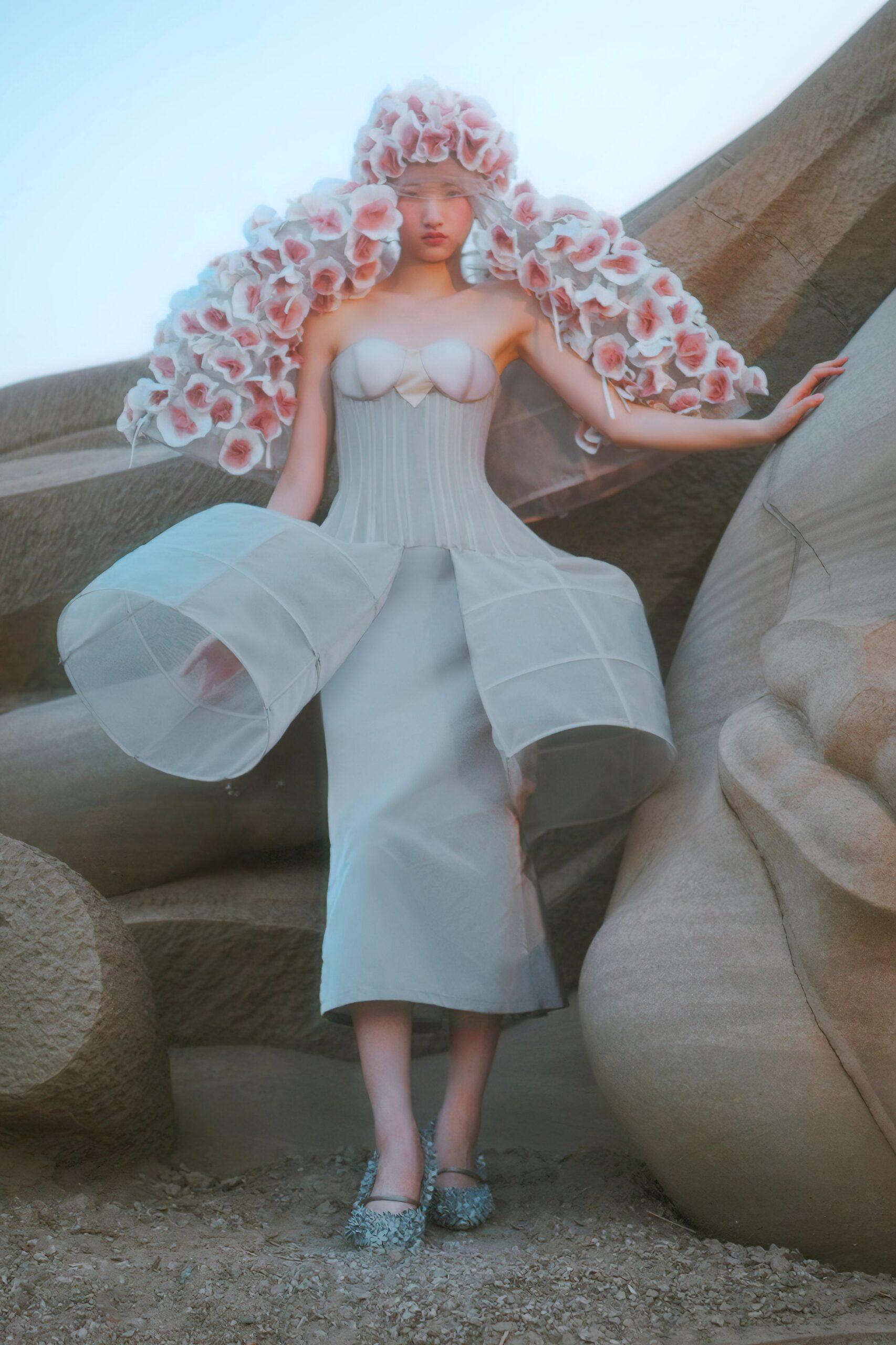white silk strapless v-neck fitted pleated draped dress