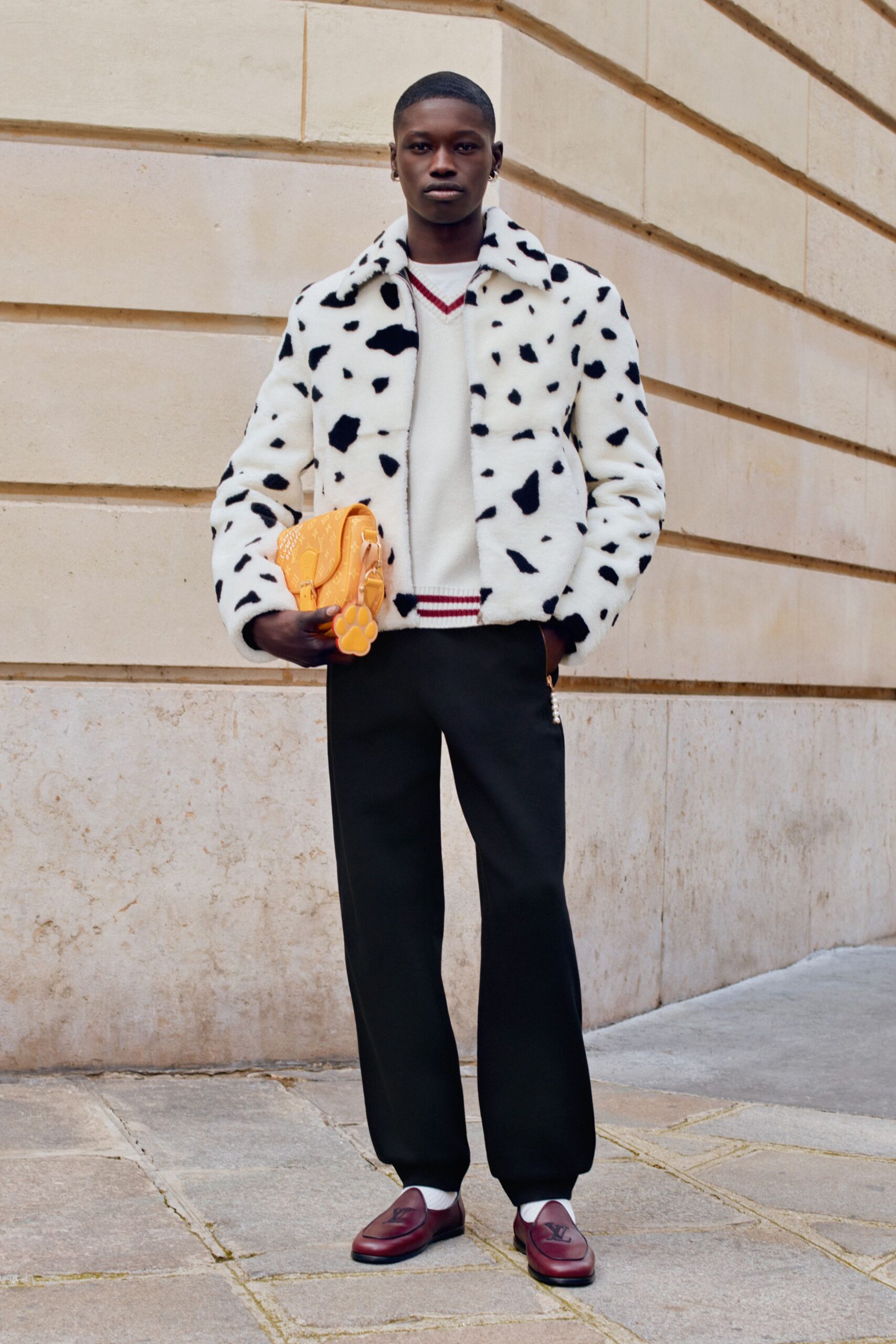 faux-fur jacket with tailored pants