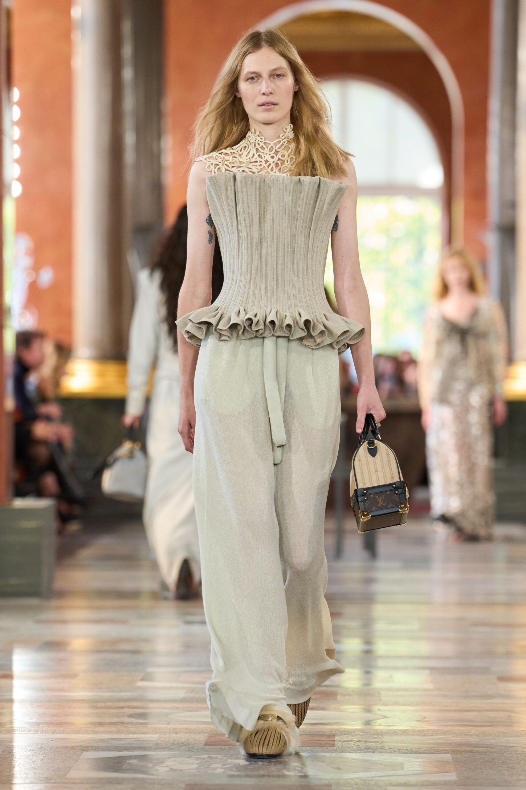 beige silk sleeveless high-neck fitted pleated ruffled bustier