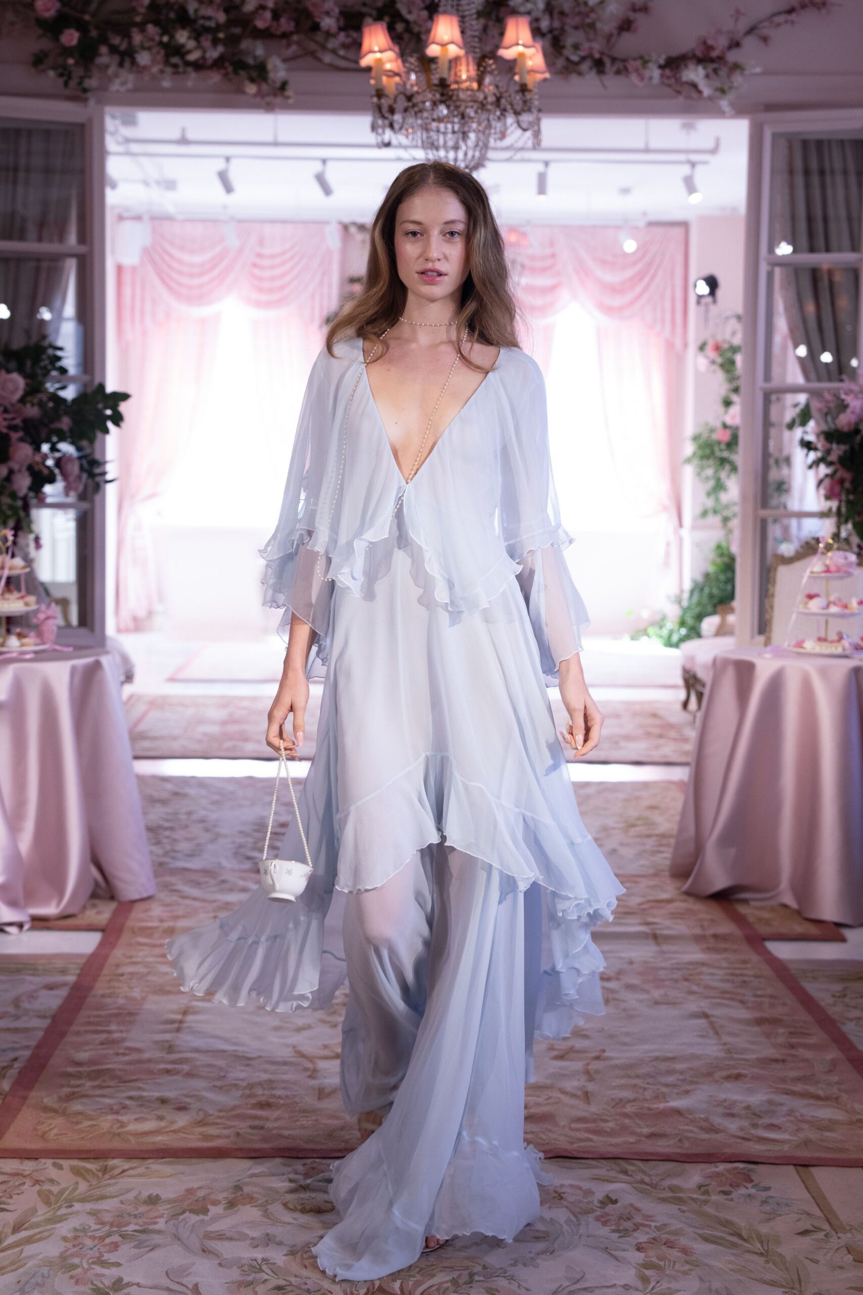 blue chiffon long-sleeve v-neck fitted ruffled layered gown