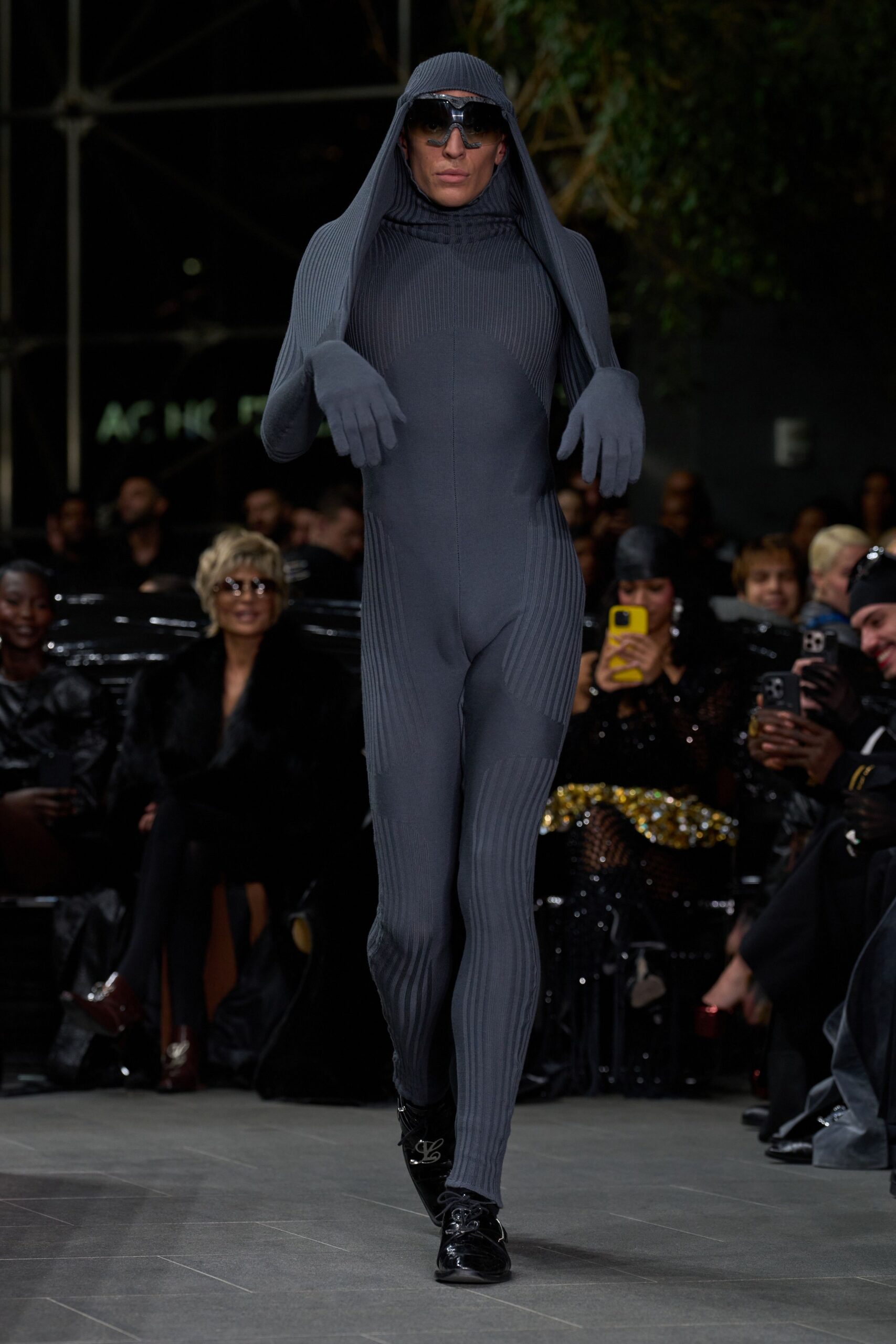 gray knit long-sleeve high-neck fitted ribbed catsuit