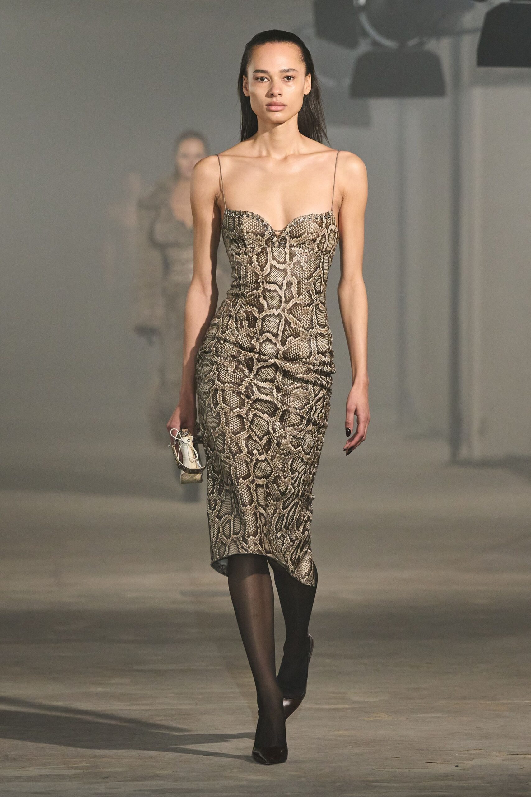 beige silk sleeveless v-neck fitted animal-print midi dress