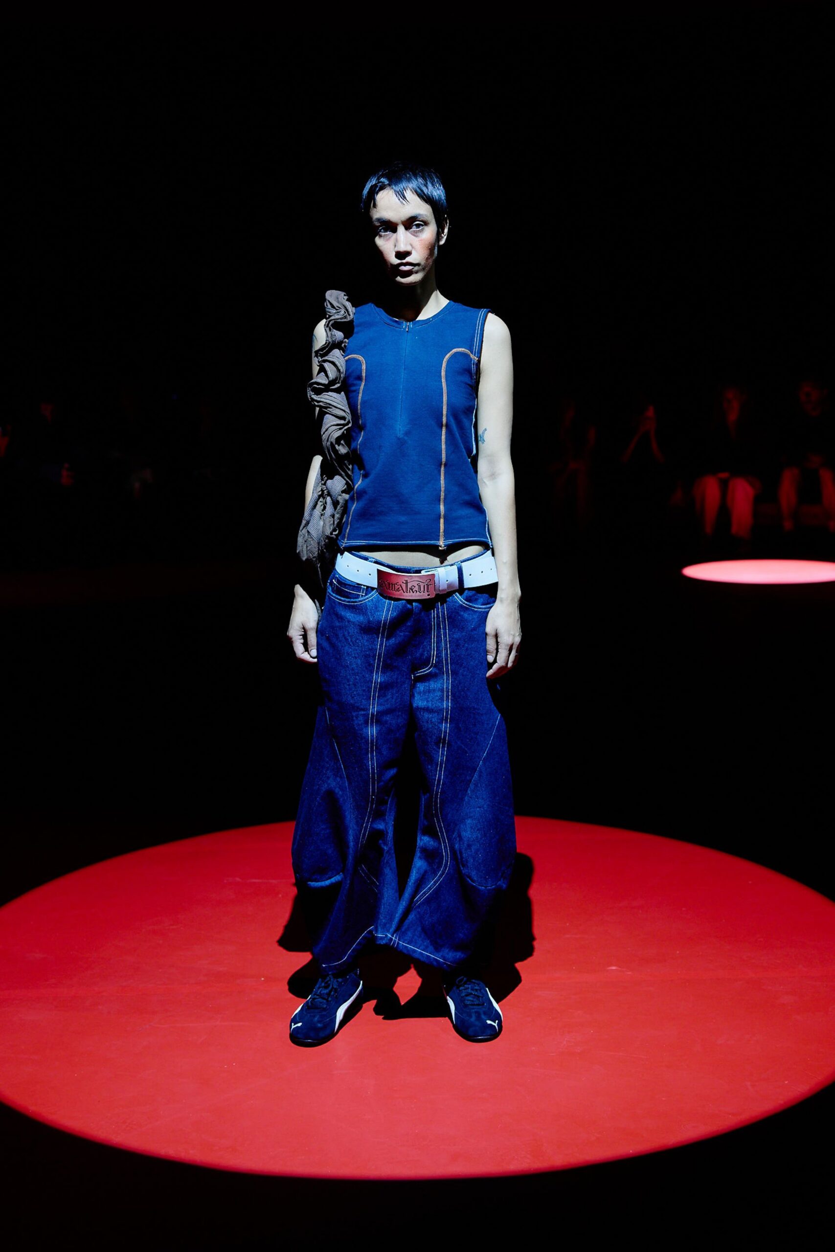 blue sleeveless top with denim pants
