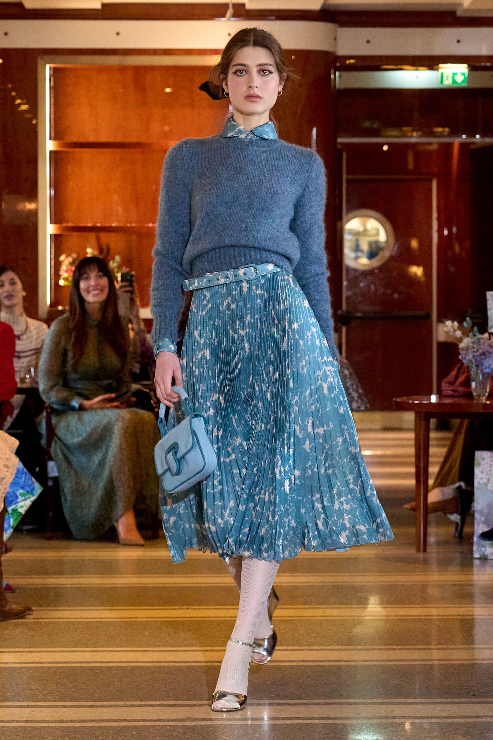 blue silk fitted pleated flared midi skirt