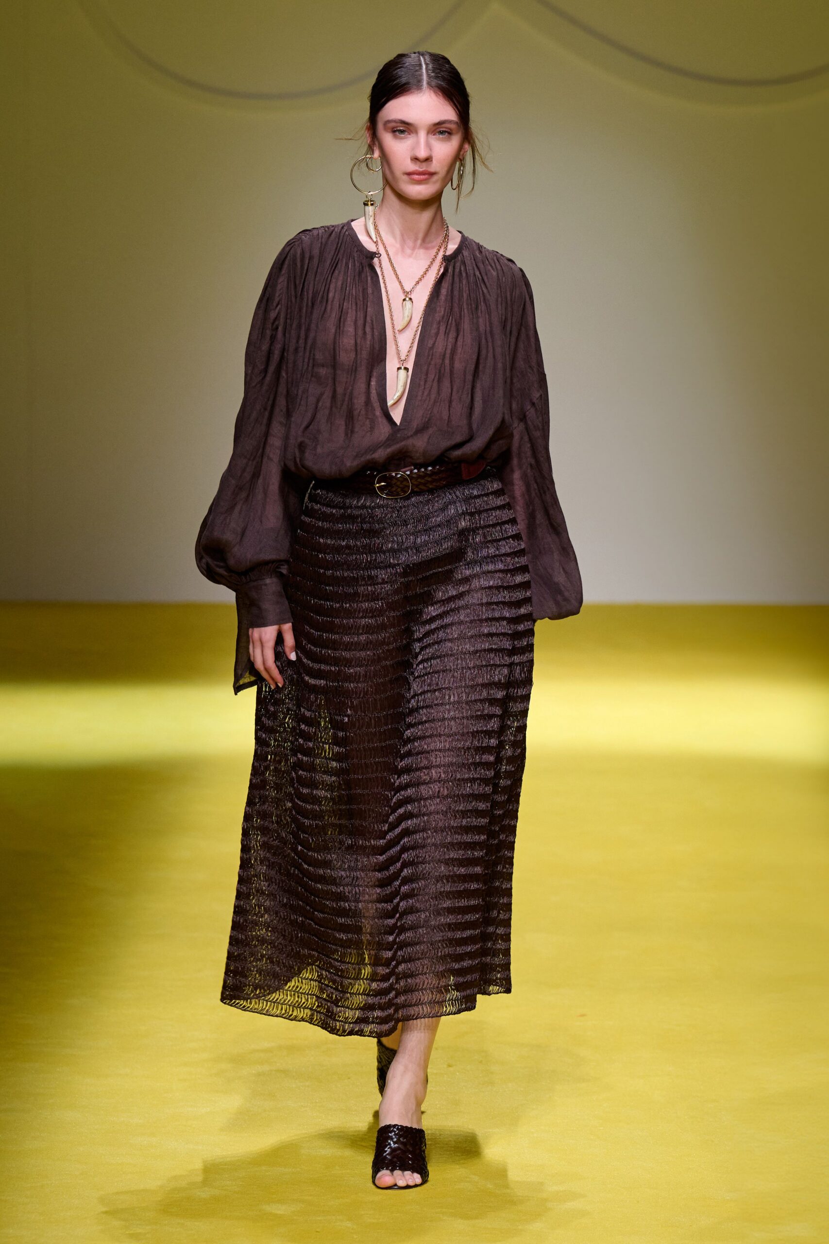 brown silk blouse black midi skirt
