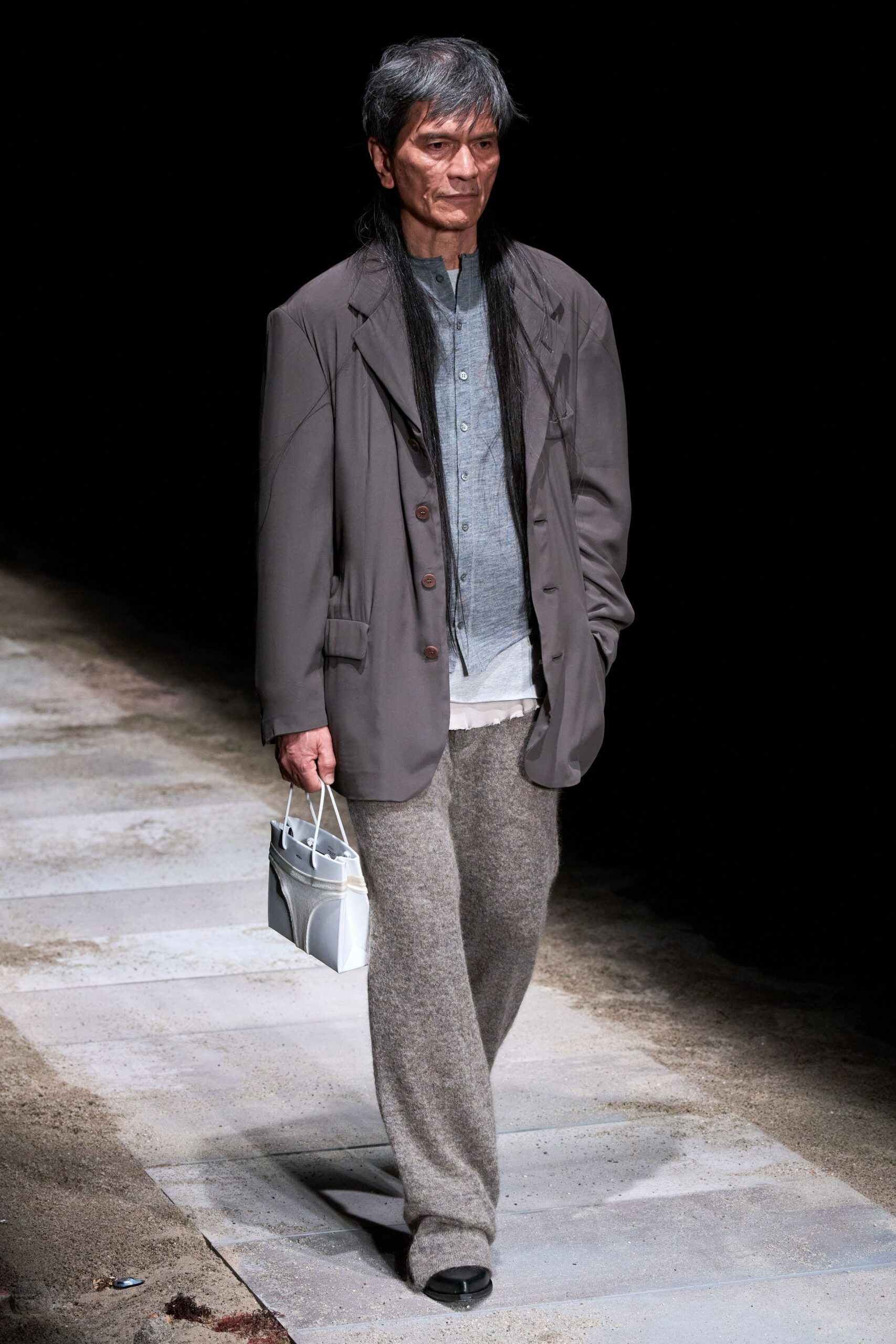 gray jacket blue shirt beige pants