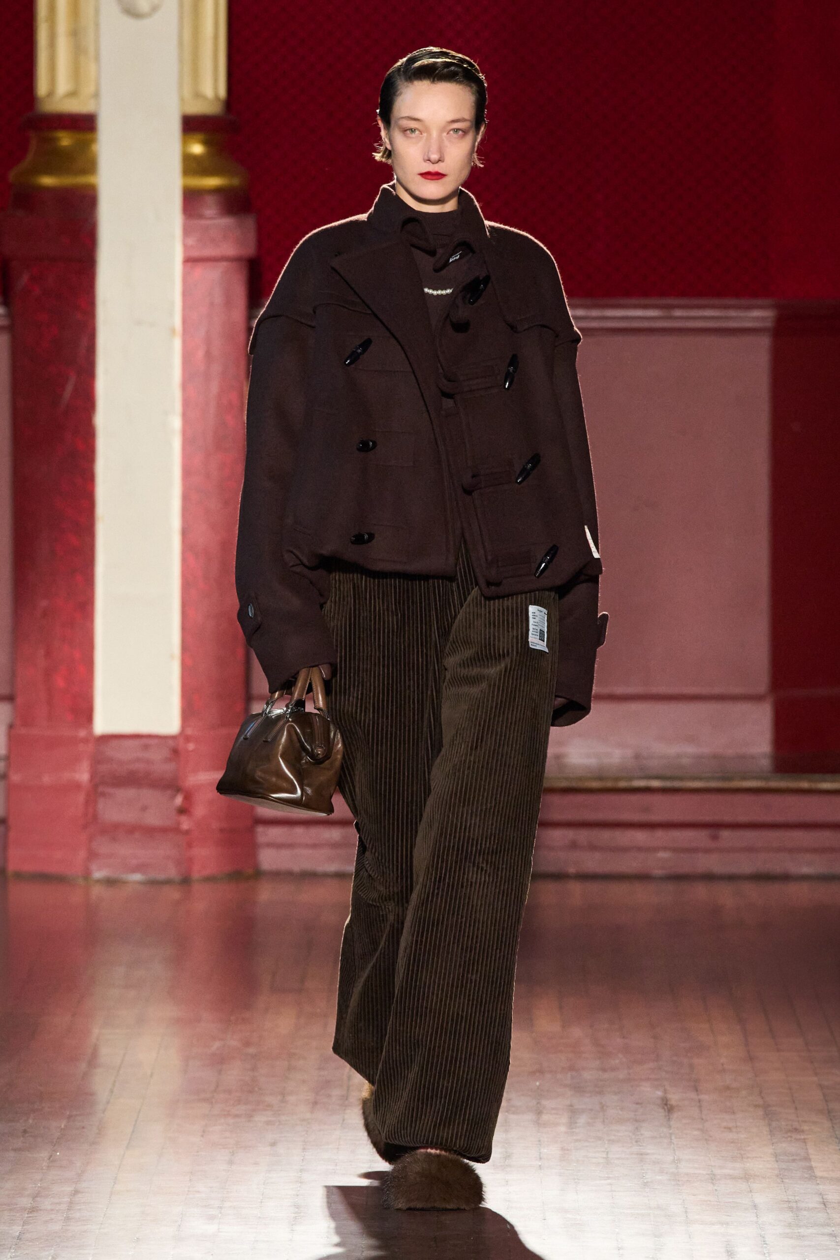 brown oversized jacket with wide-leg pants