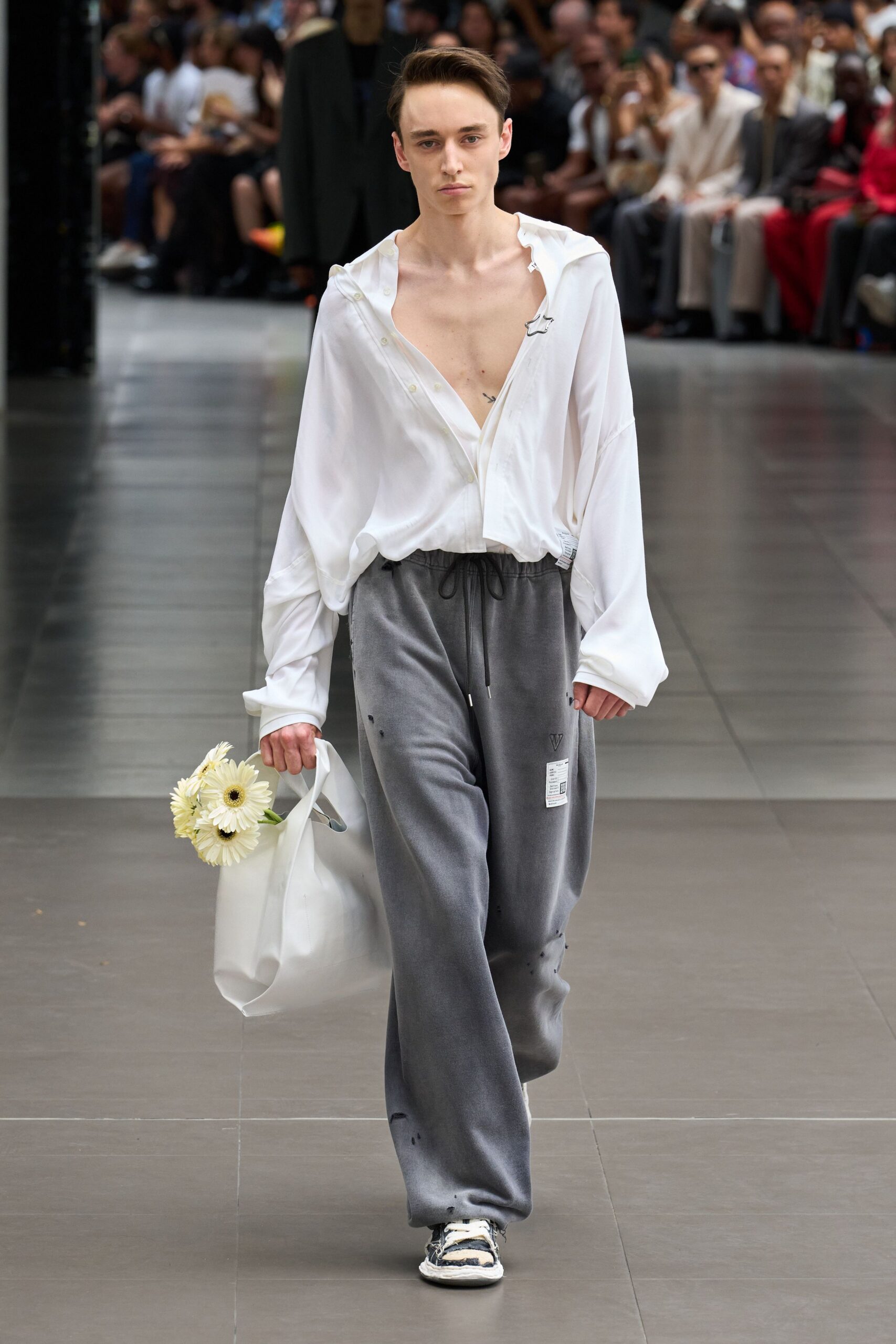 white shirt gray pants outfit