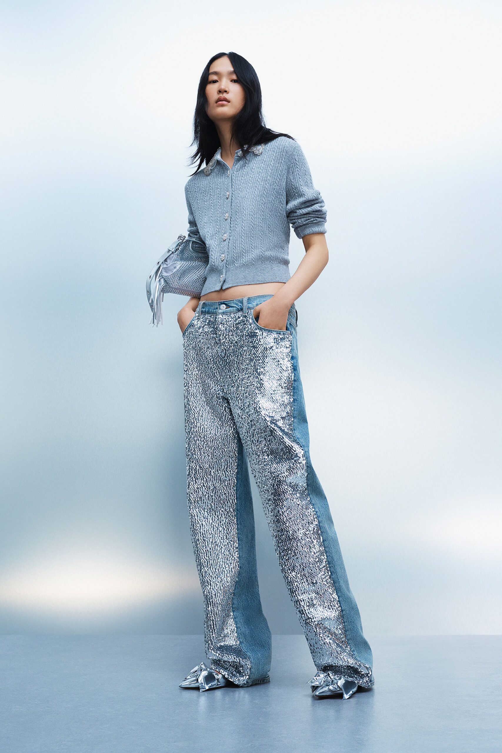 blue denim relaxed distressed shiny pants