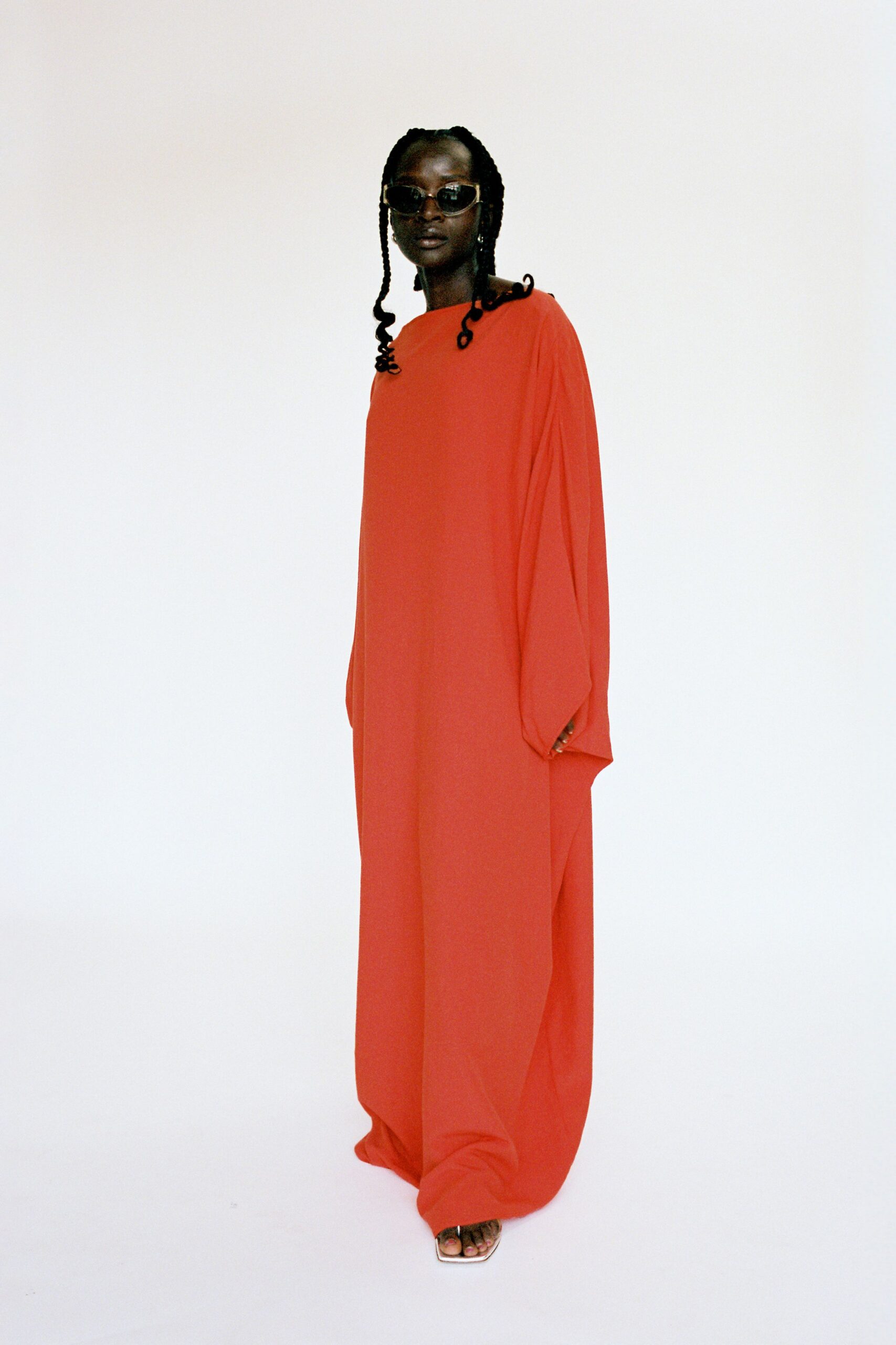 red cotton long-sleeve high-neck relaxed draped maxi dress