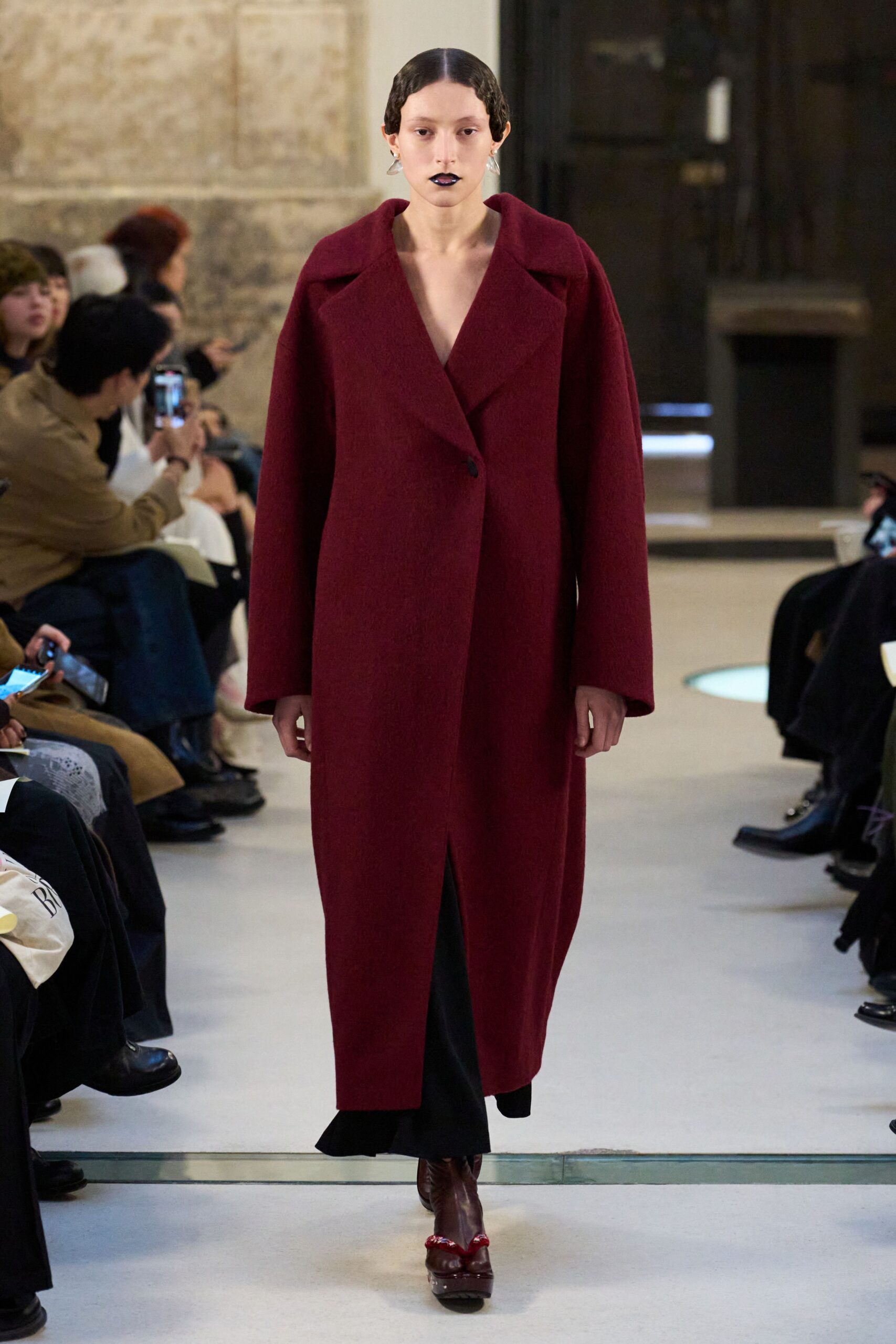red wool long-sleeve collared relaxed buttoned maxi coat