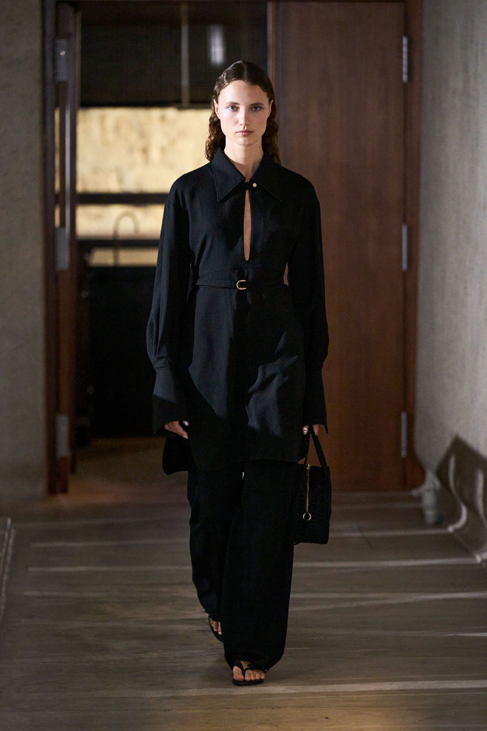 black shirt-dress with wide-leg pants