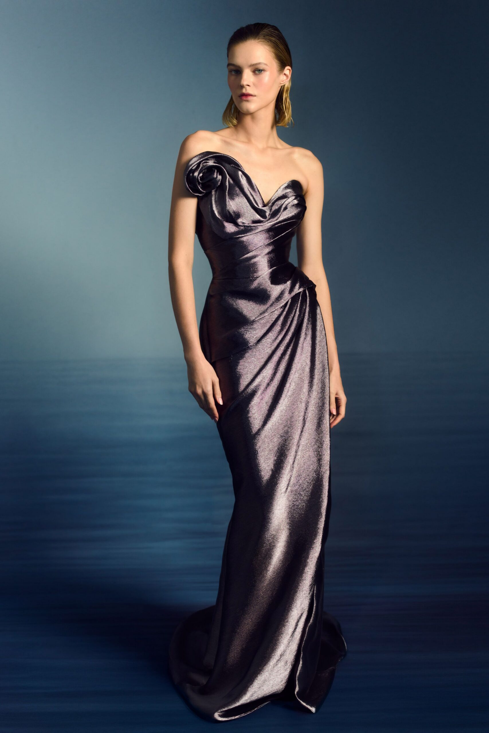 purple silk strapless gown