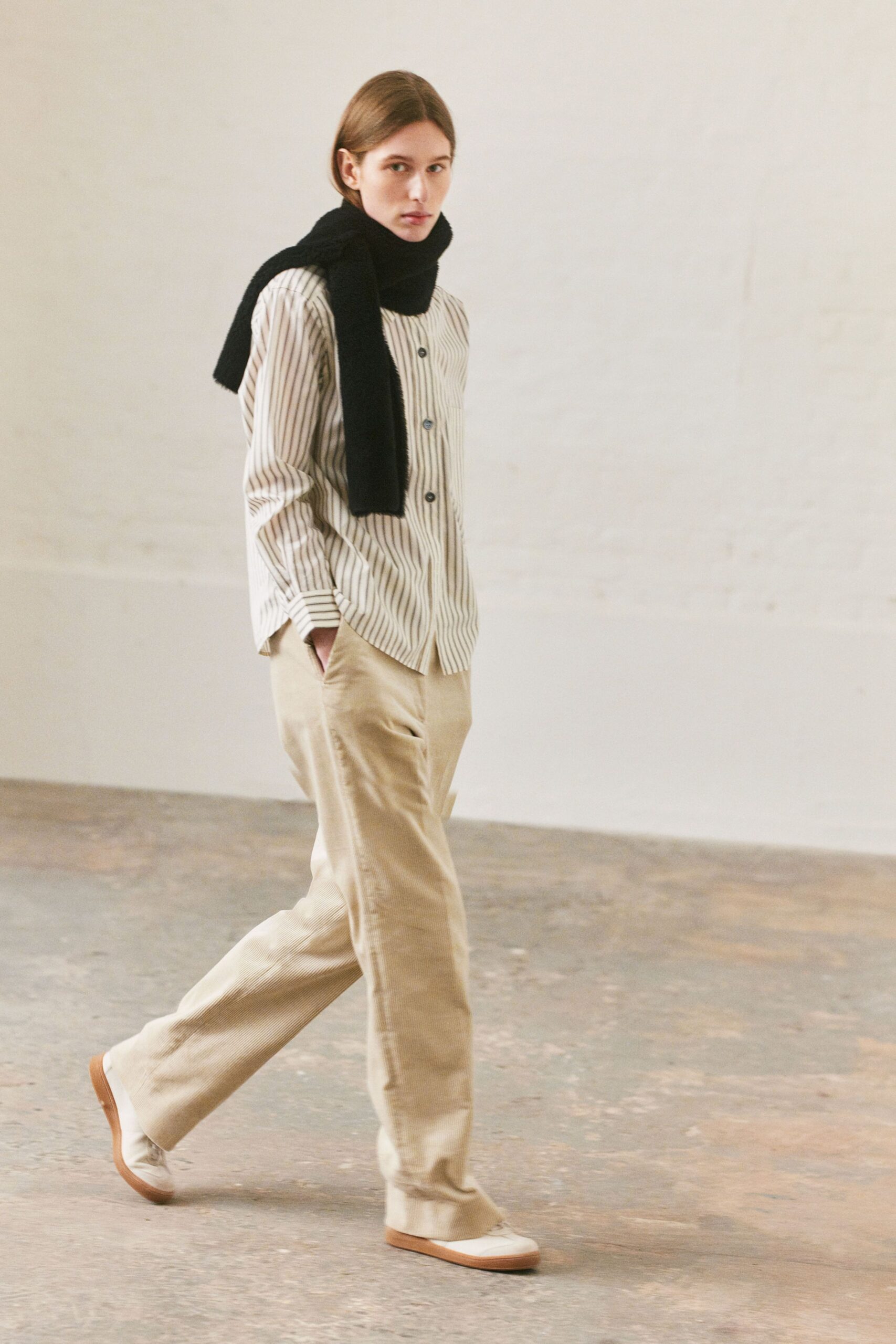 relaxed striped shirt with beige pants