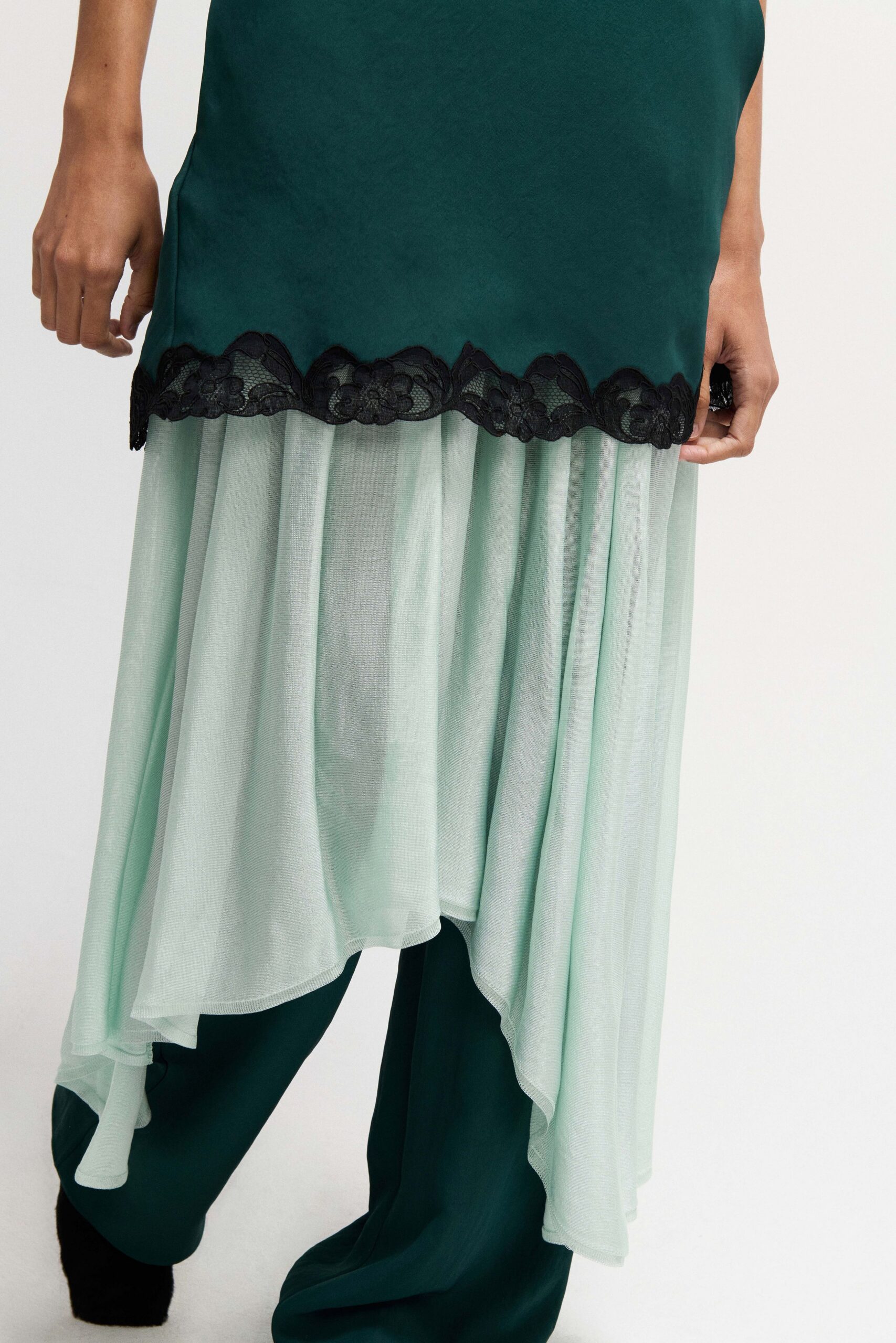 green cotton sleeveless asymmetric relaxed layered embroidered dress