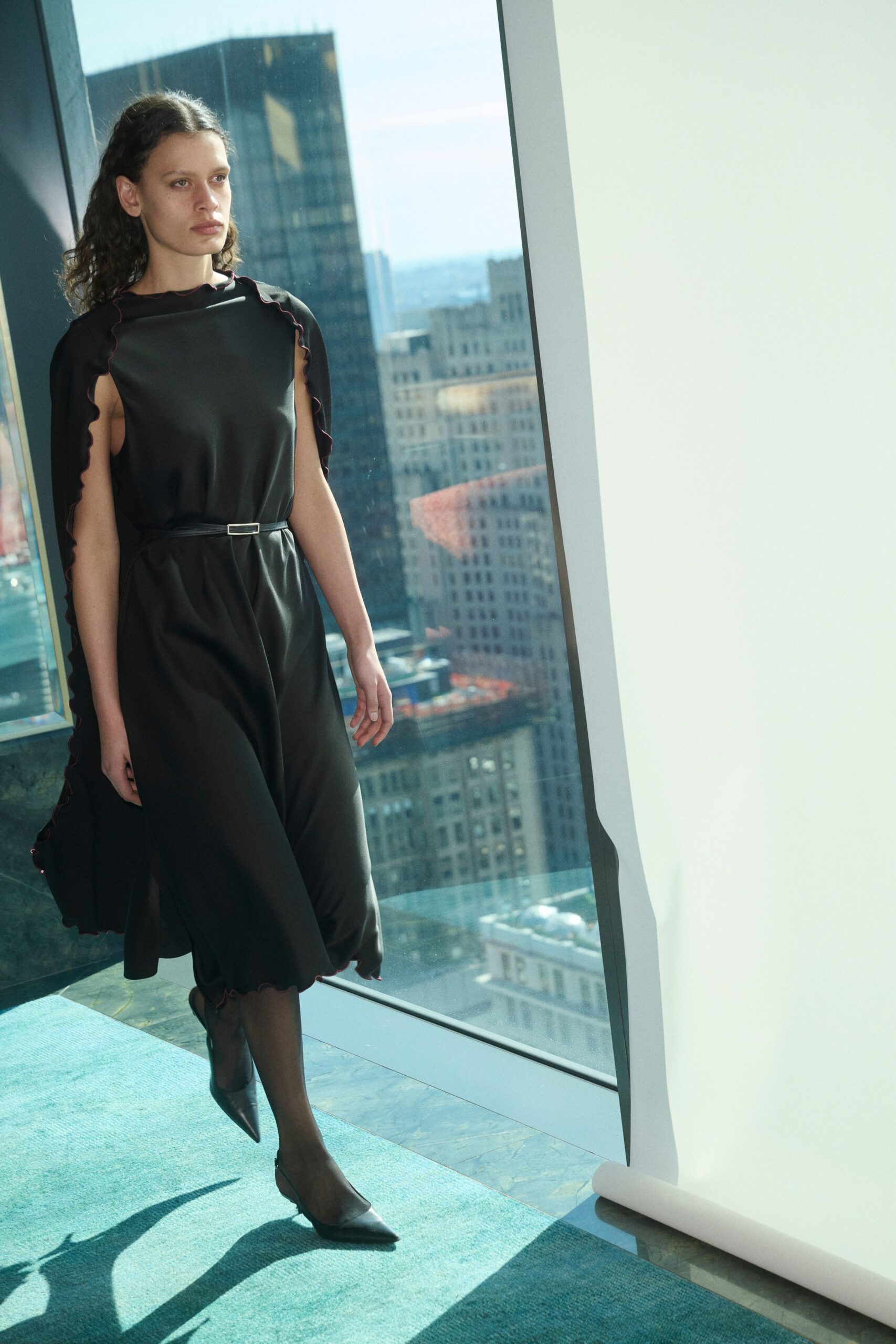 black silk sleeveless v-neck fitted belted draped dress