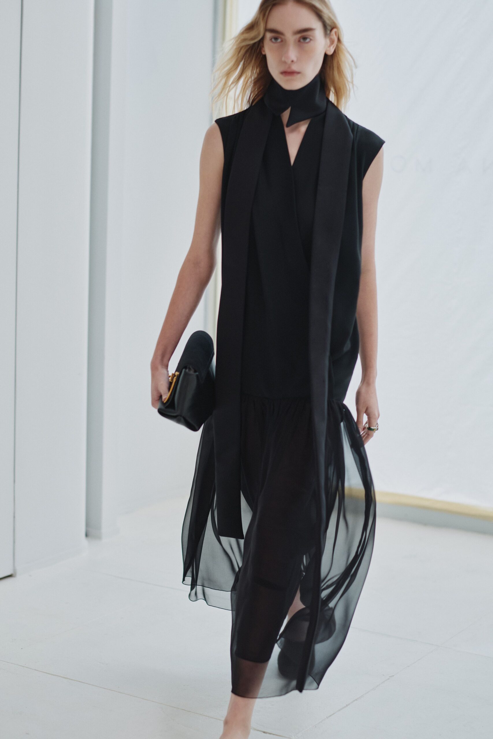 black silk sleeveless v-neck fitted layered draped dress