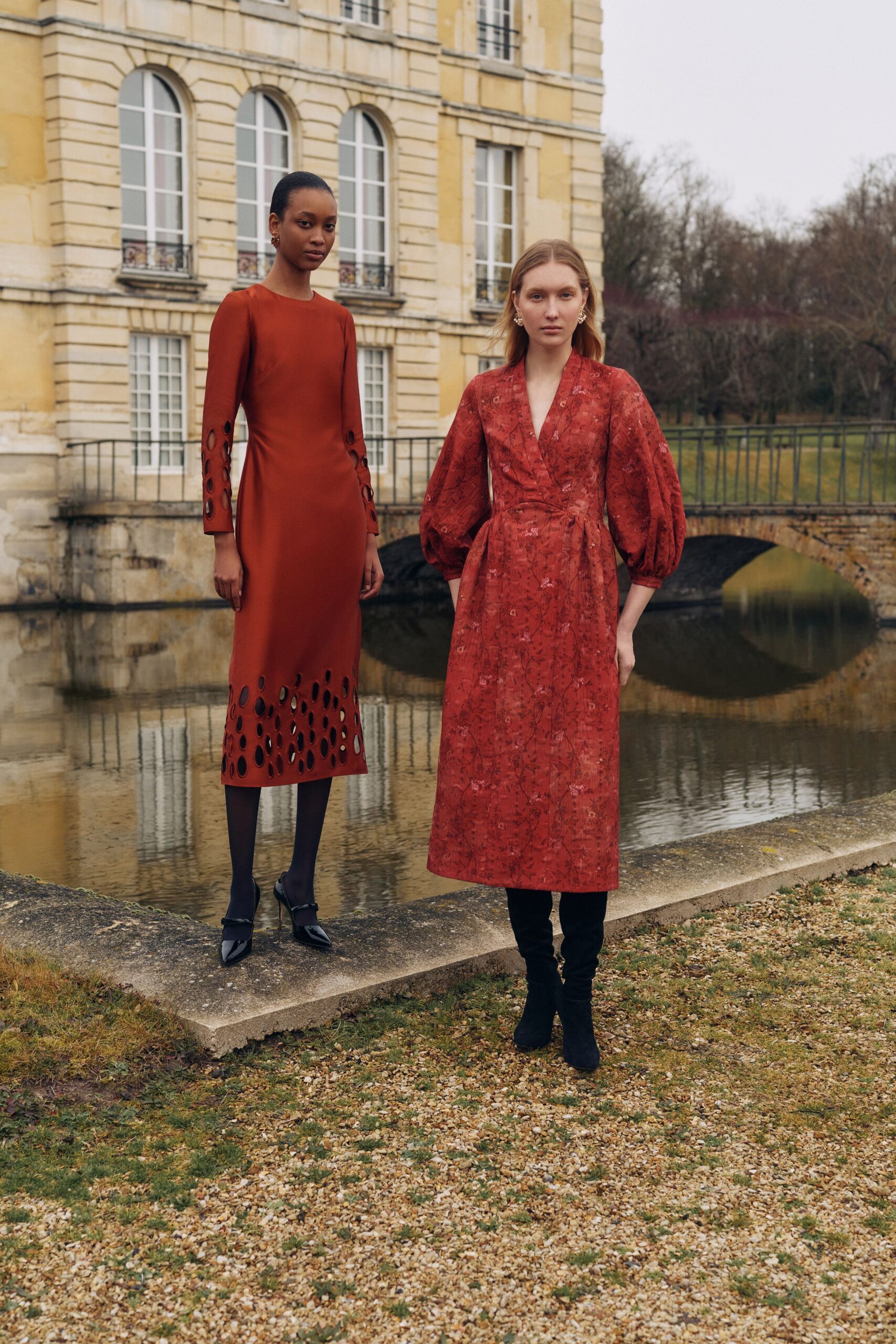 red silk long-sleeve v-neck fitted draped midi dress