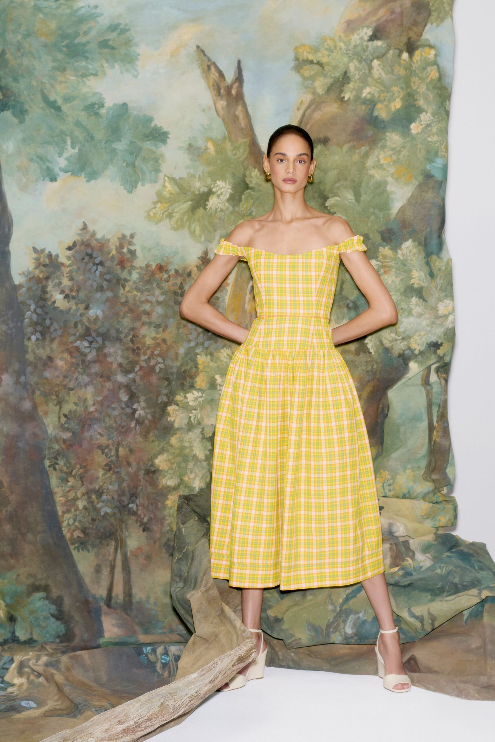 yellow checked off-shoulder dress