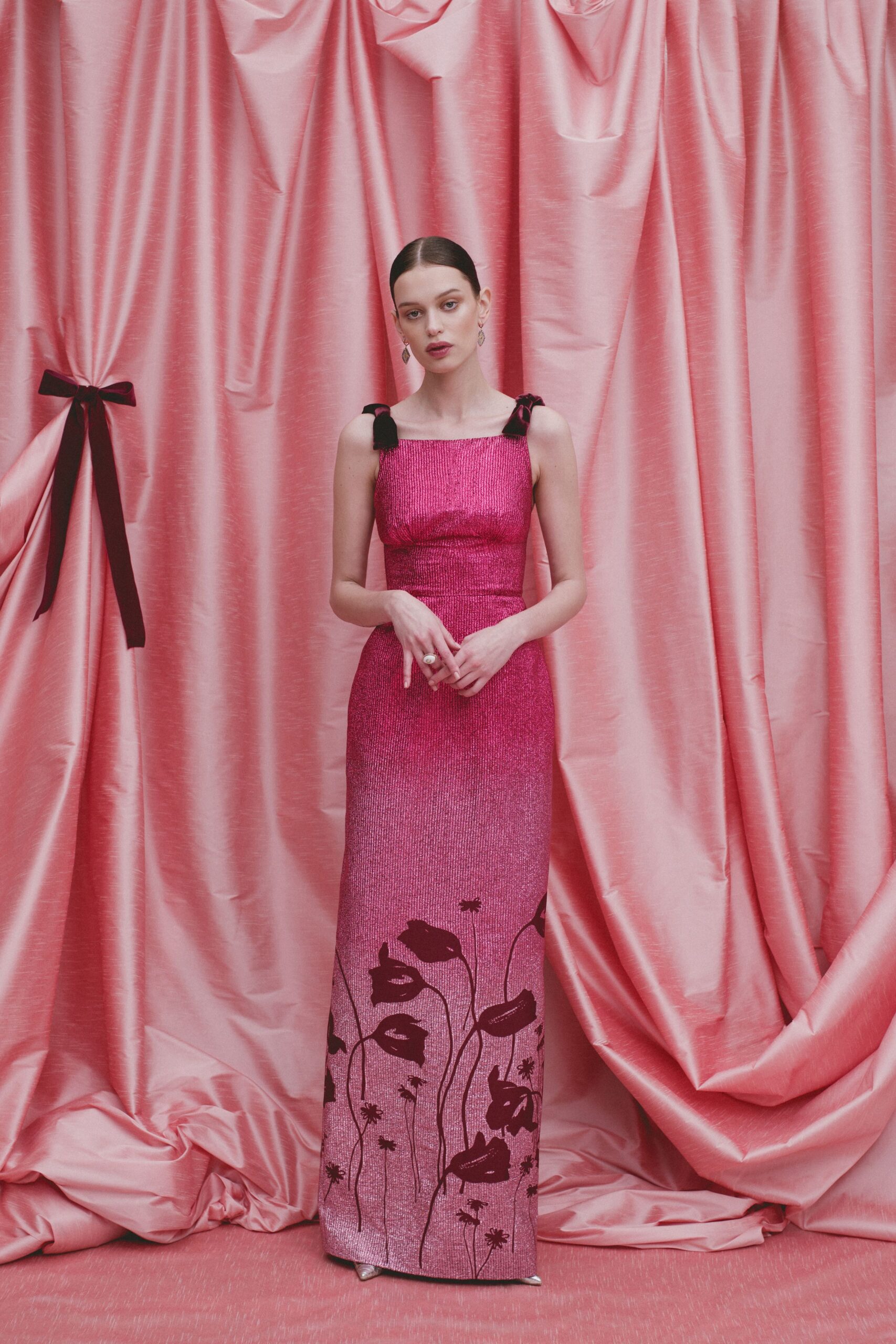 pink red embroidered maxi gown