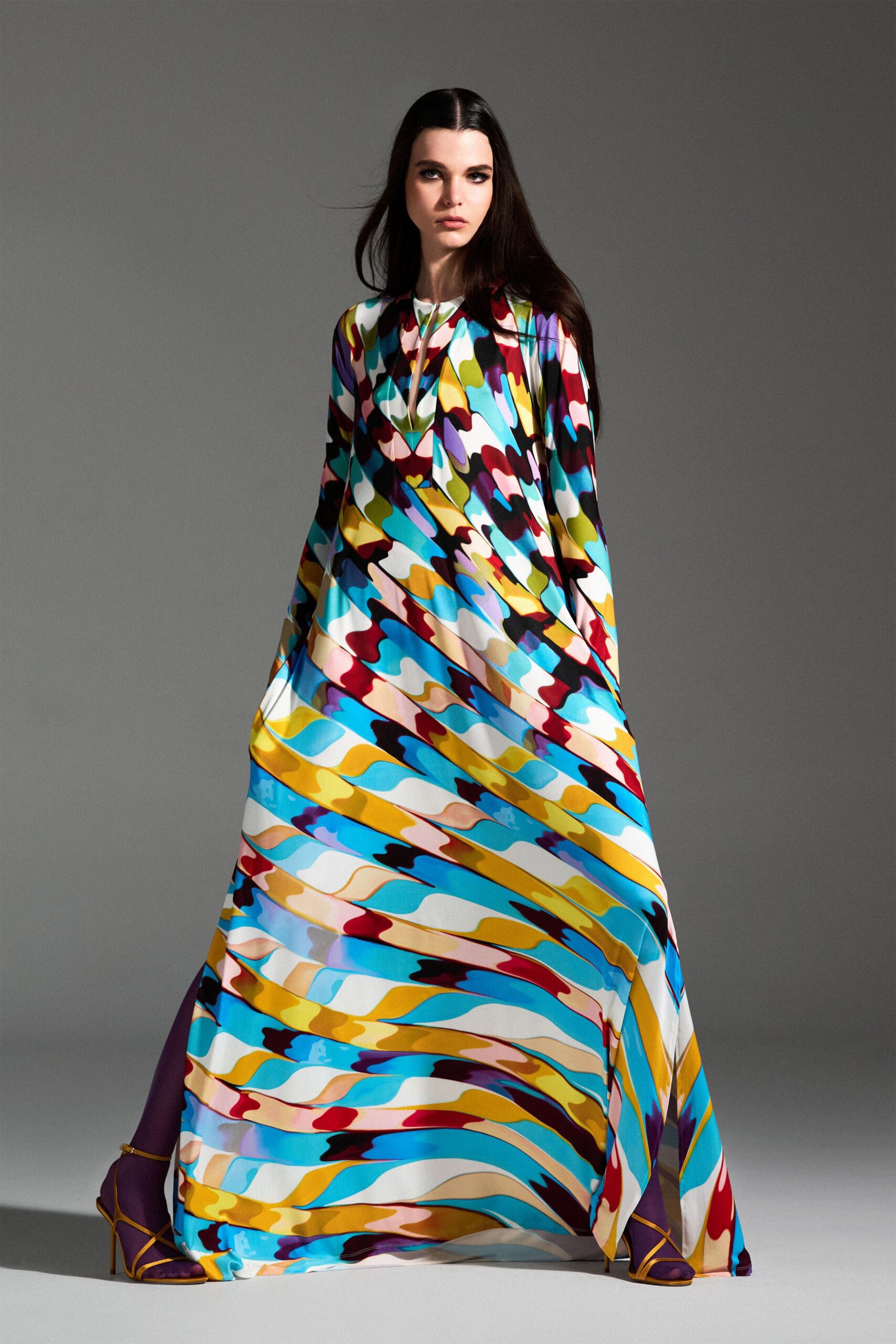 multi-colored flowing silk gown