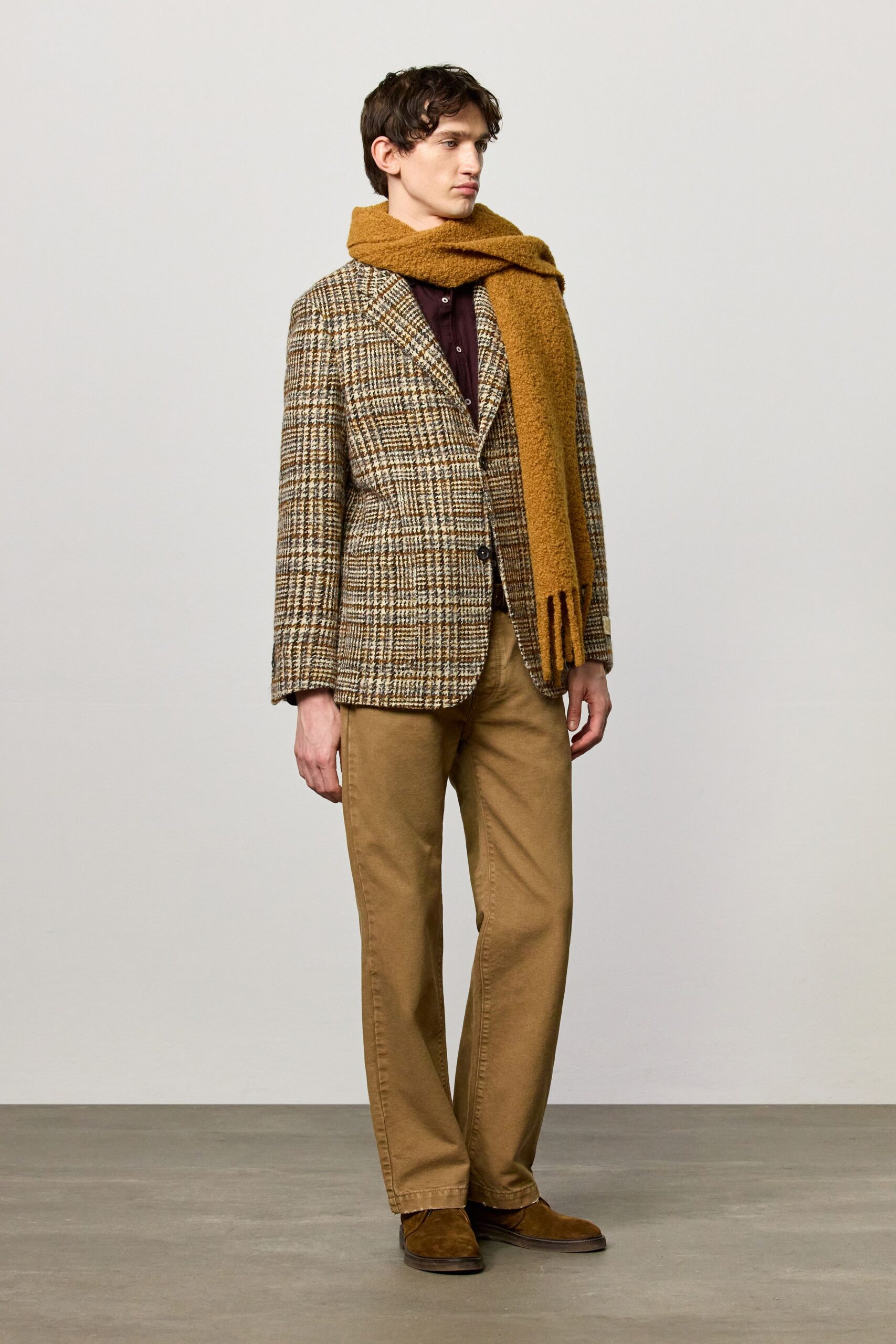brown tweed blazer with scarf