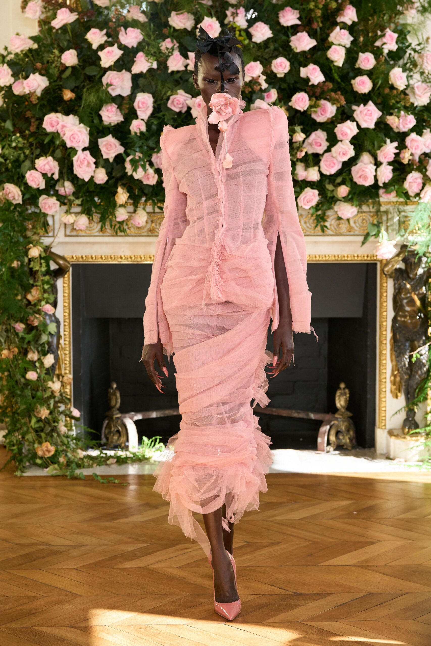 pink tulle long-sleeve v-neck fitted ruched layered dress