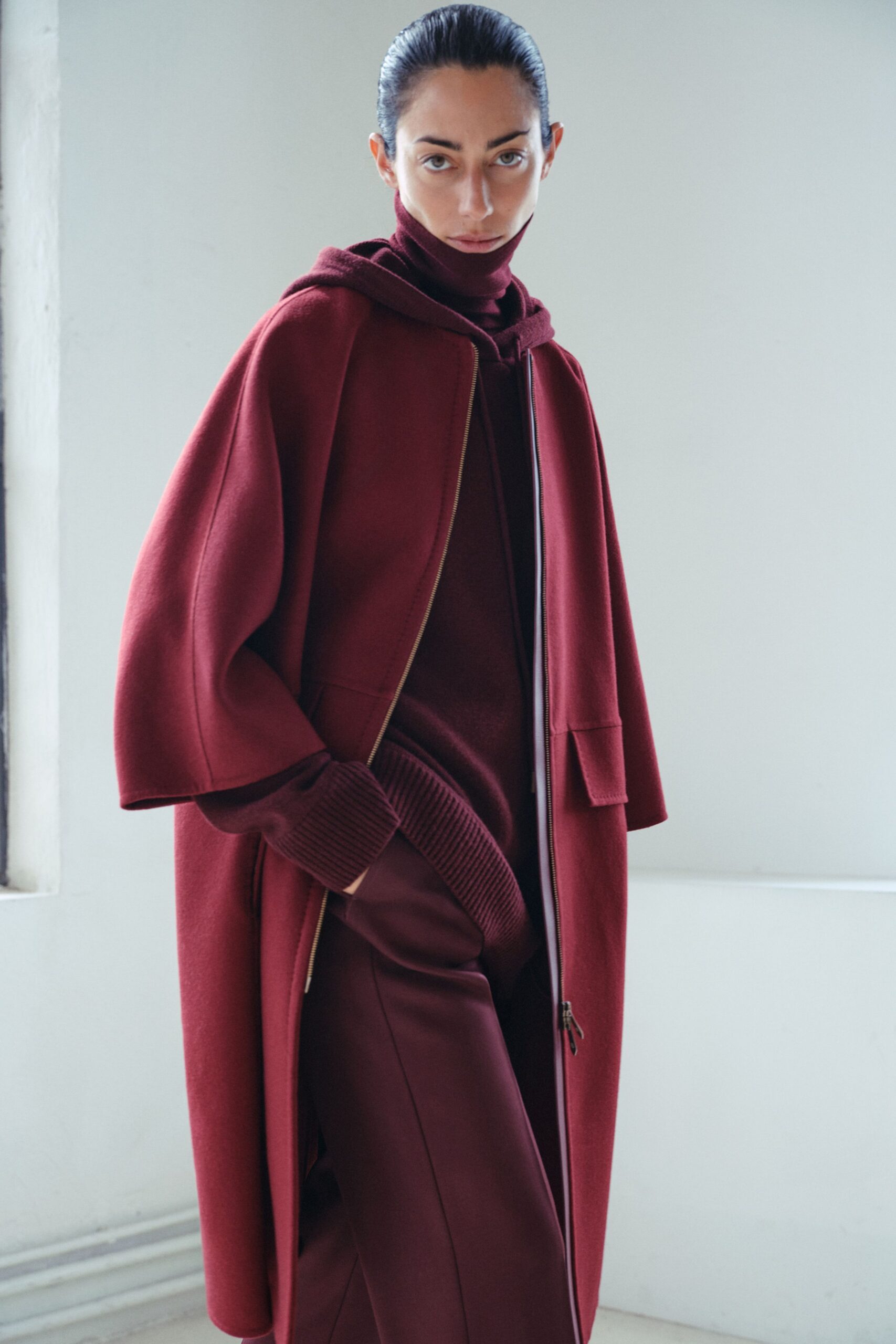 red wool long-sleeve high-neck fitted sweater