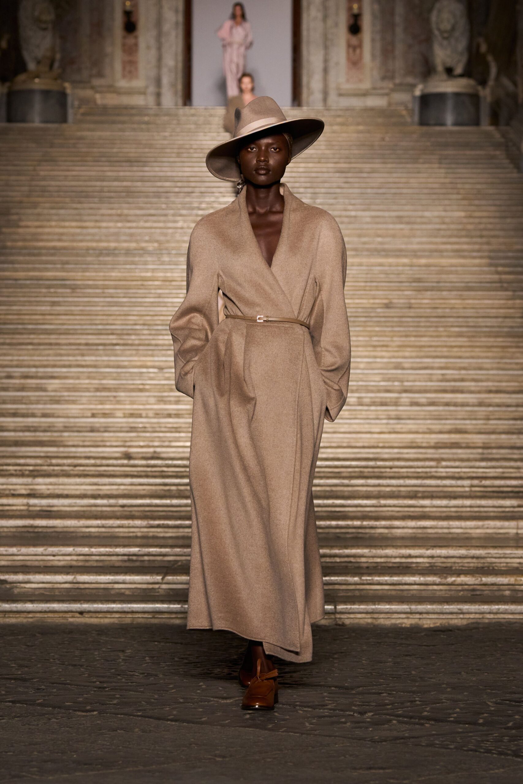 beige wool long-sleeve collared relaxed belted draped gown
